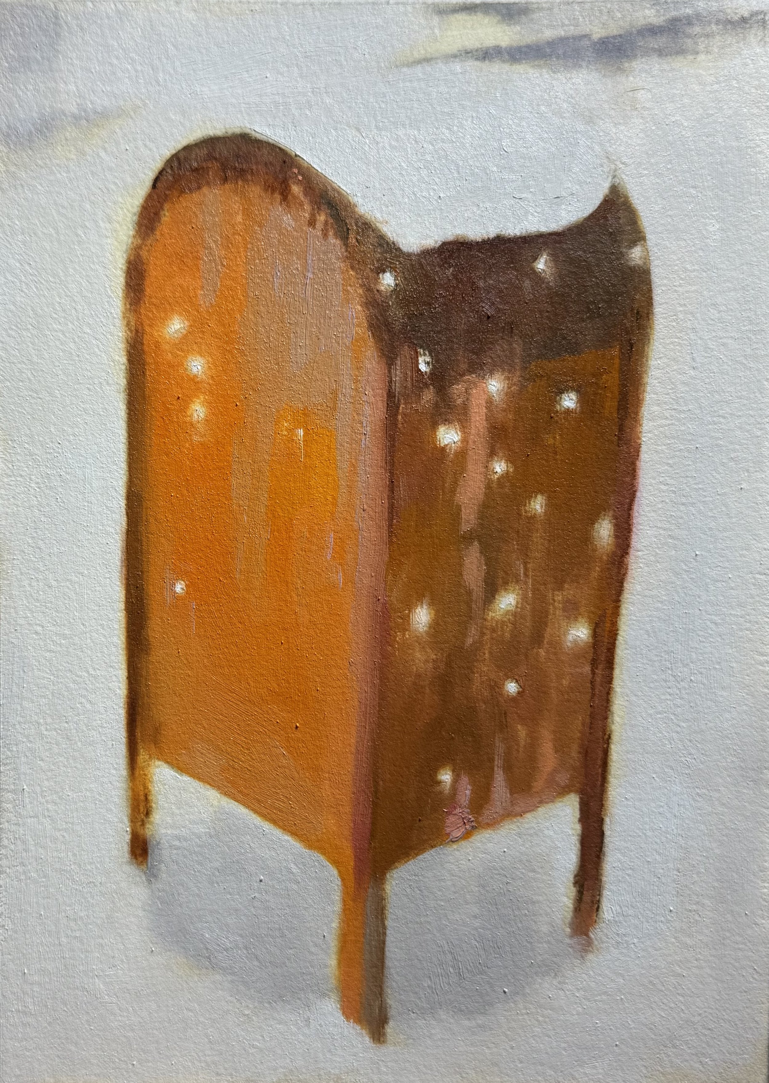 A painting of a wooden chair with a curved backrest, painted in warm brown and orange tones, with white spots on the backrest, set against a plain white background.