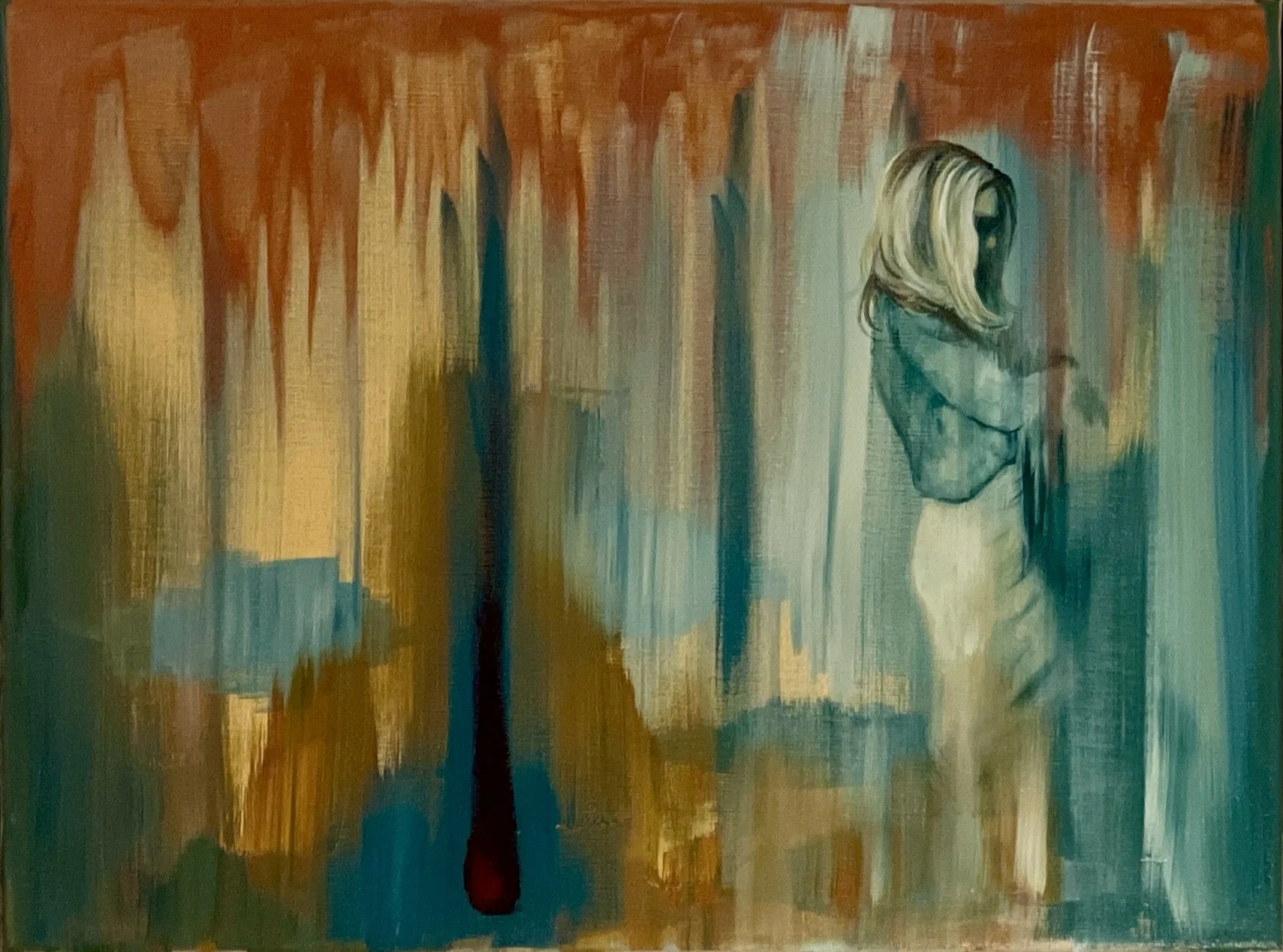 Abstract painting of a woman with blonde hair, standing with arms crossed, wearing a teal shirt and white pants, against a colorful background of vertical brushstrokes in red, orange, yellow, teal, and blue.