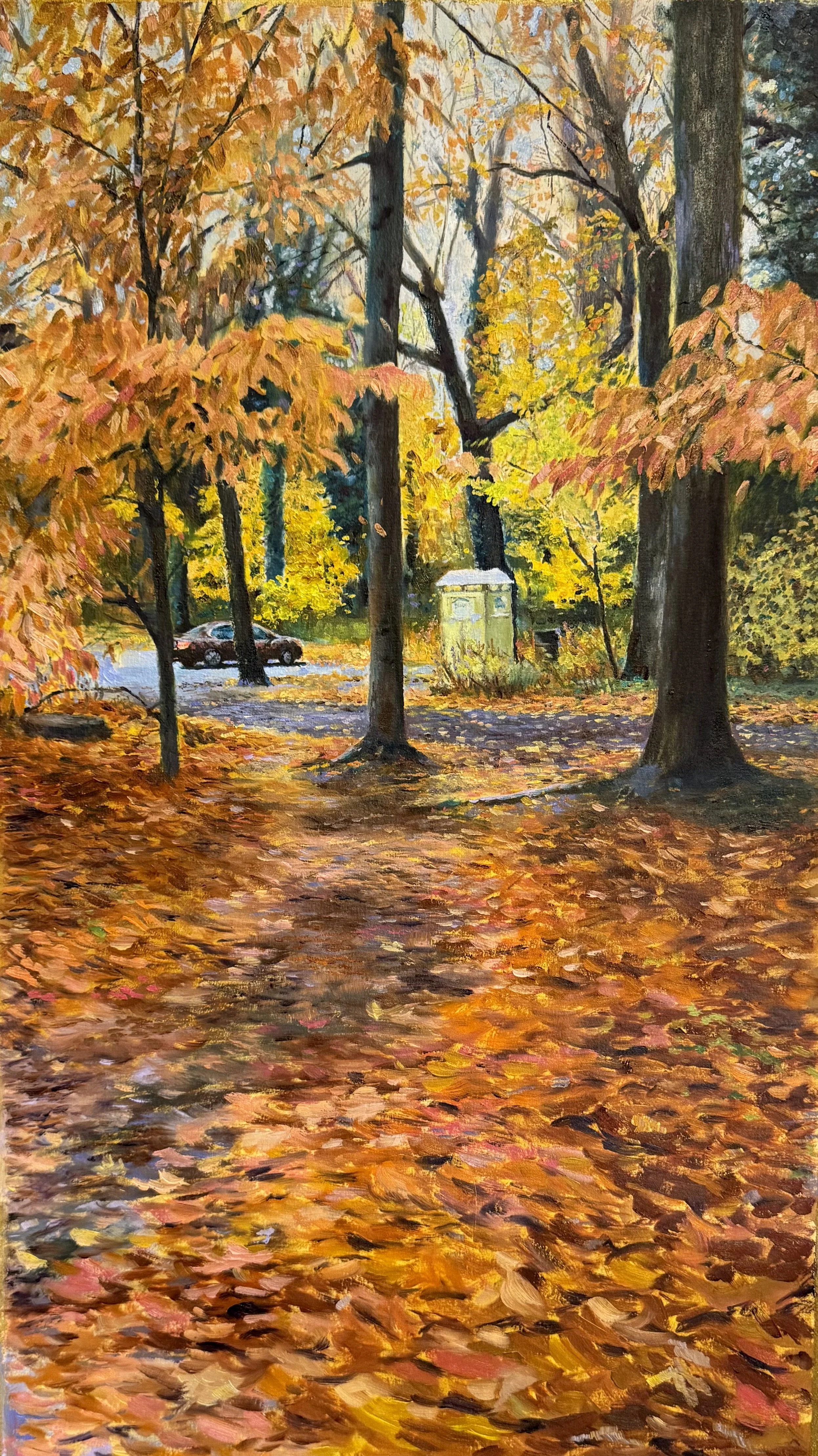 An autumn landscape with colorful fallen leaves covering the ground, tall trees with orange, yellow, and green leaves, a parked car, and a portable toilet in the background, all painted in an impressionistic style.