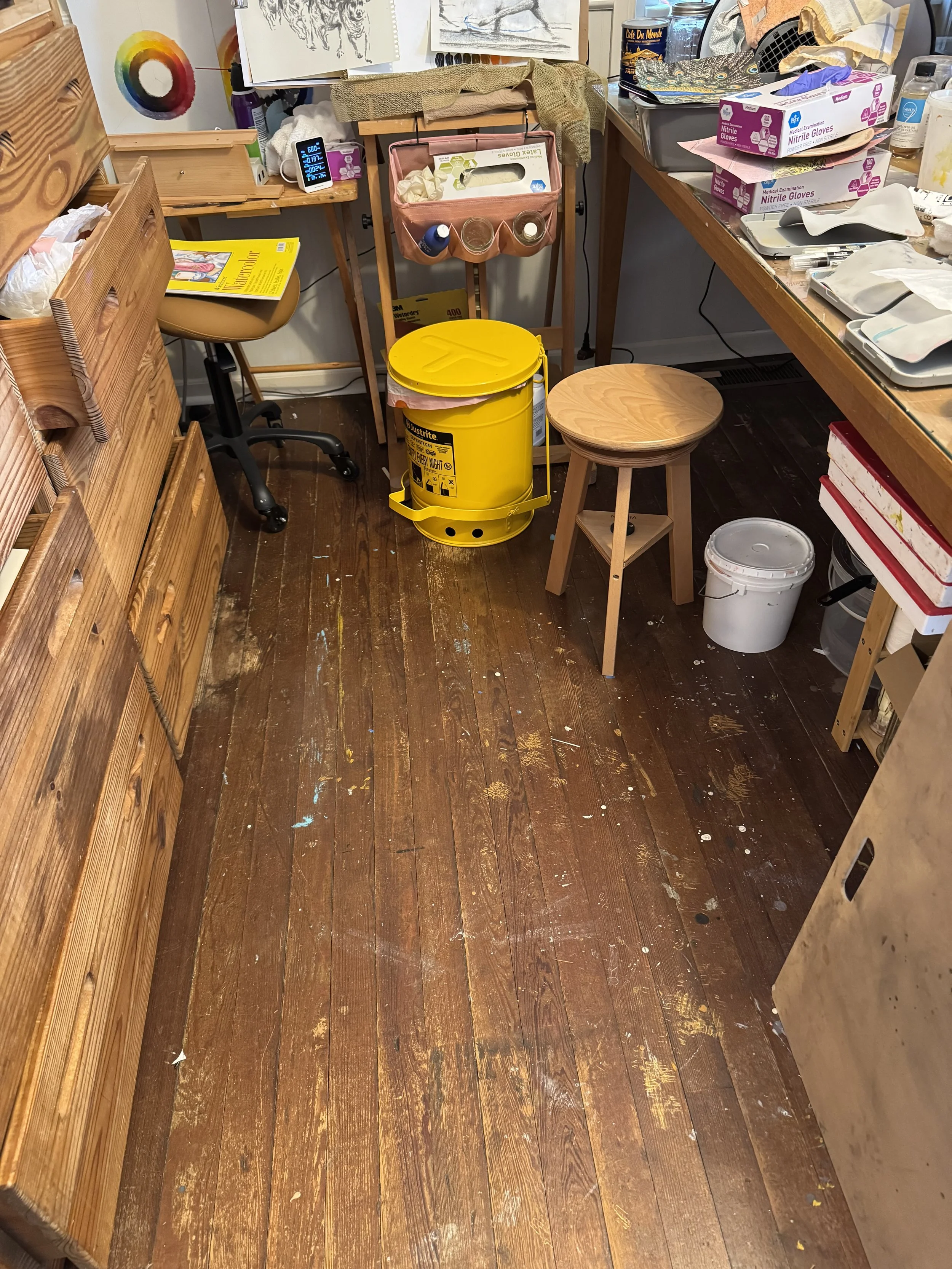 The home studio became far more cramped than this. I would prop canvases on half-open drawers of the ThisEndUp vintage furniture that stores supplies. 