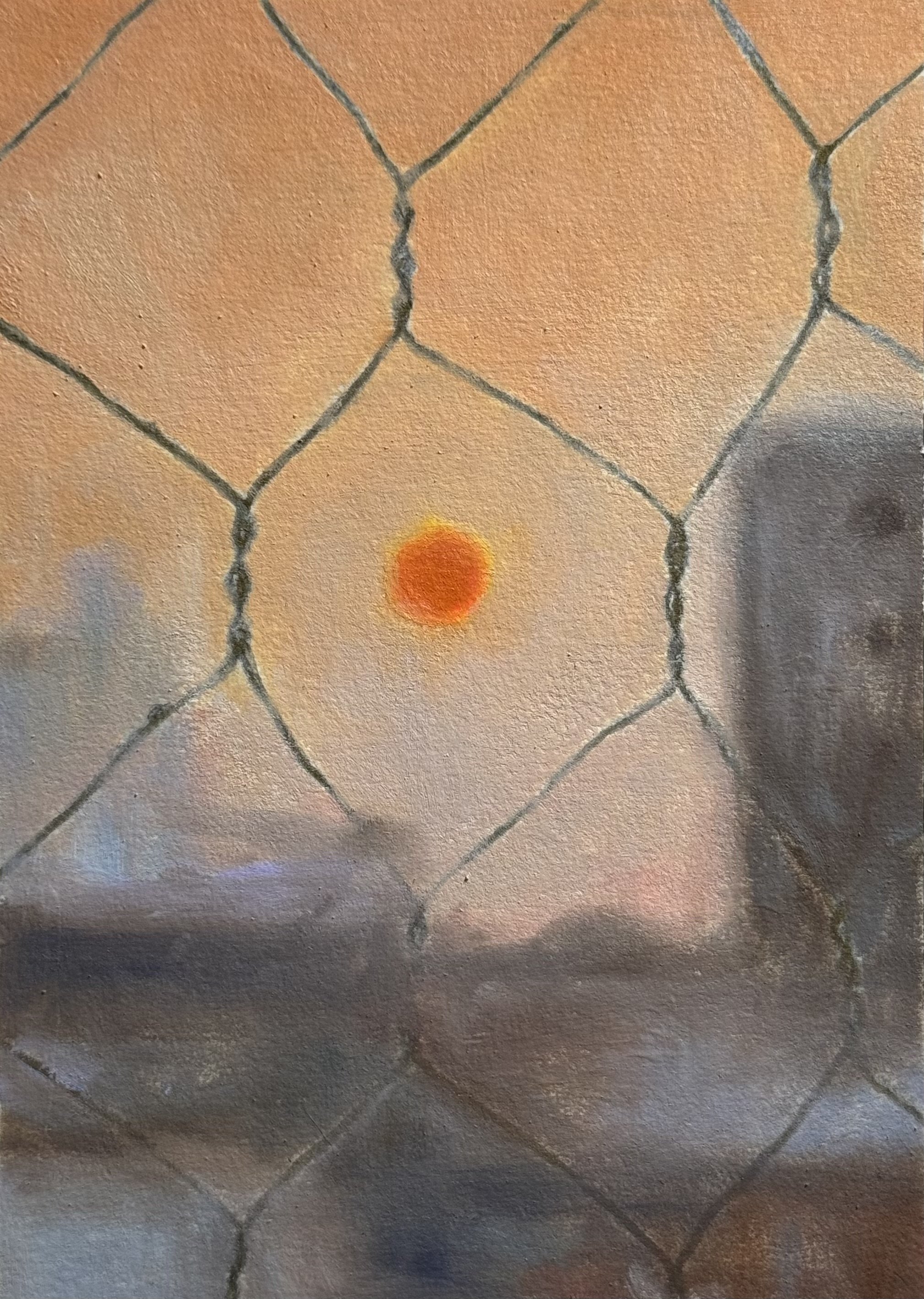 Painted scene of a sunset viewed through a chain-link fence, with a blurred cityscape in the background.