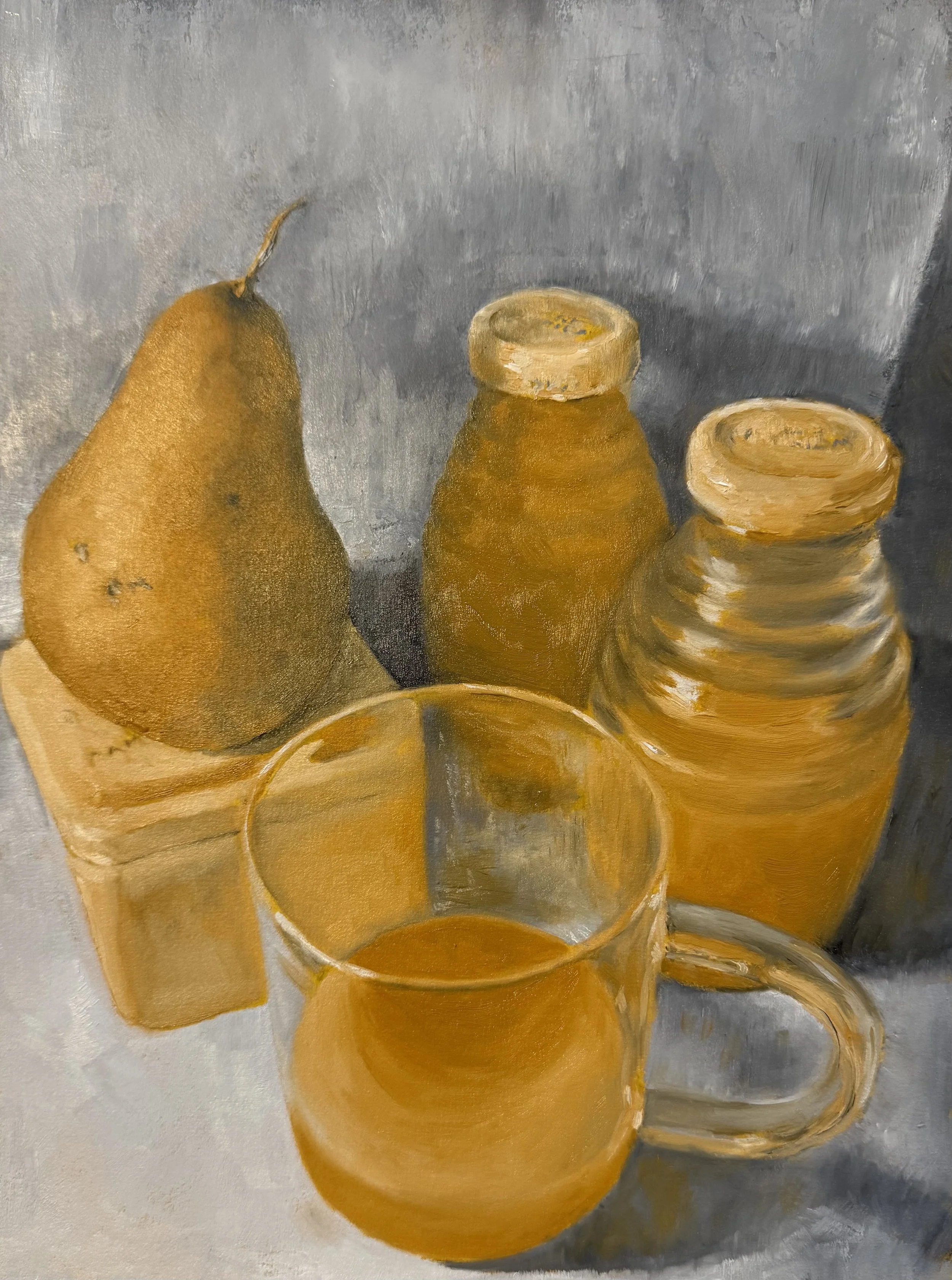 A still life painting of a brown pear, two glass bottles of lemon drinks, a yellow tea box, and a transparent glass mug with a lemon beverage.