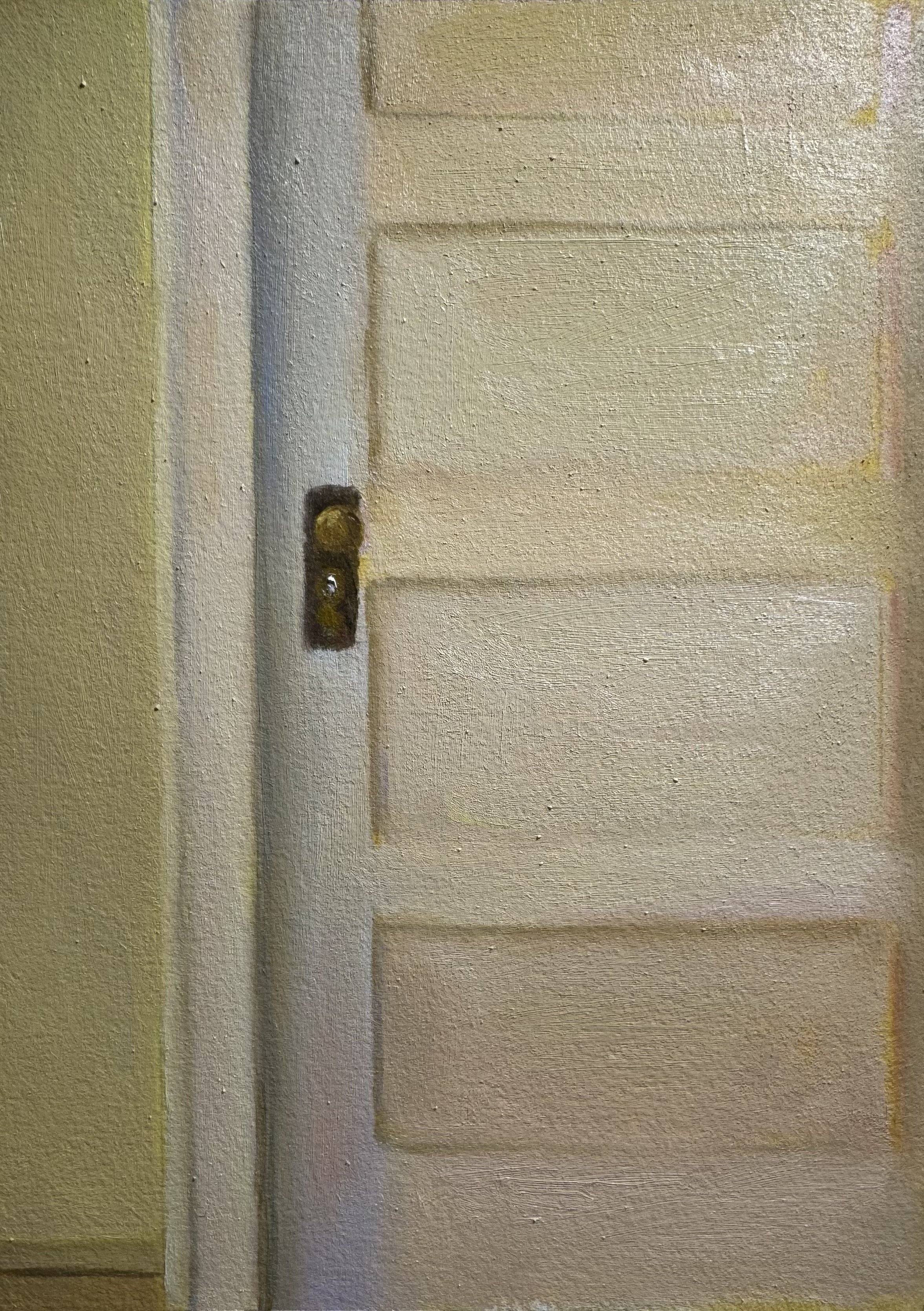 Close-up of a white wooden door with a black door latch on the left side.