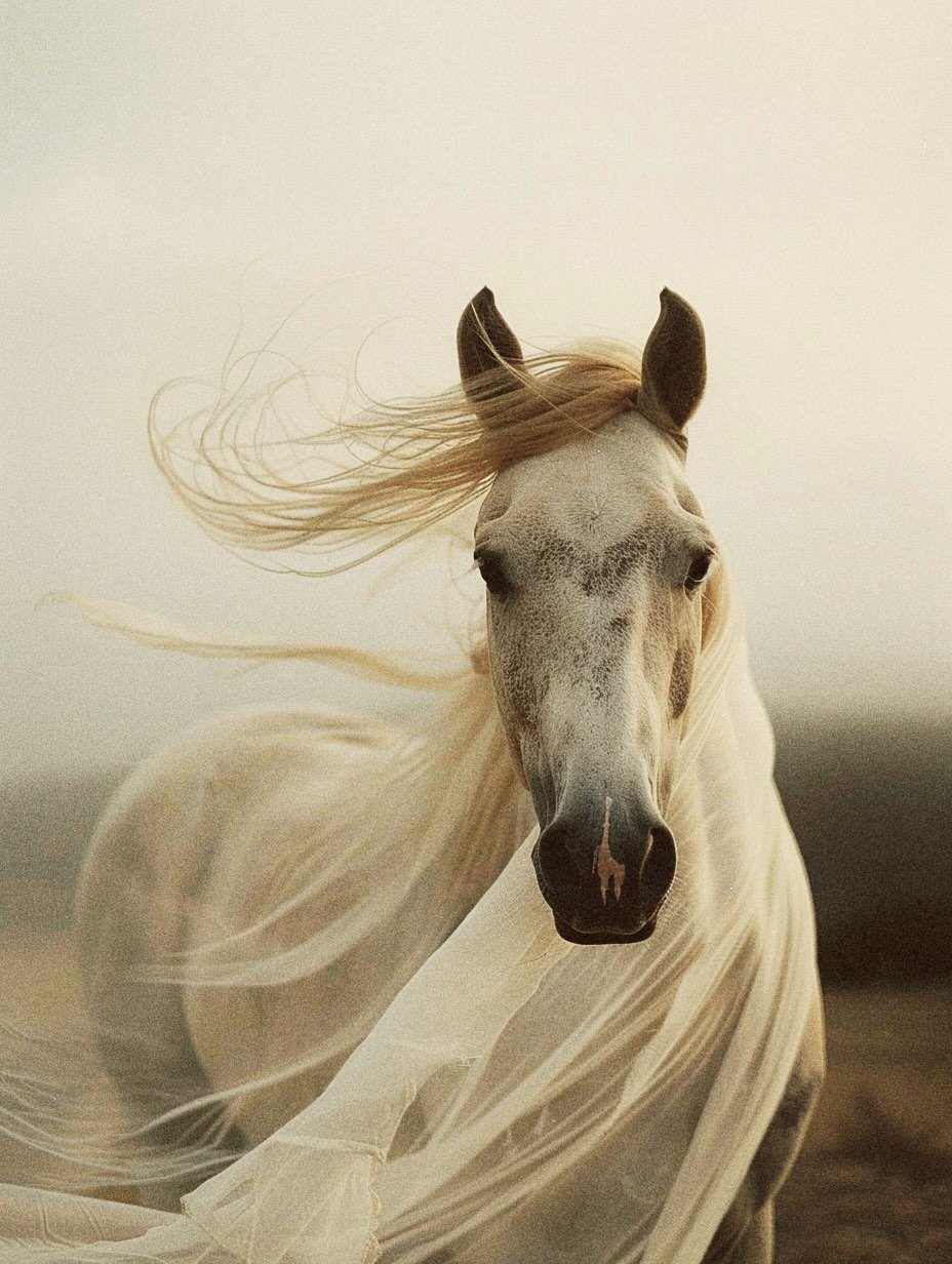 A white horse with a flowing mane standing outdoors with a blurred background and overcast sky.