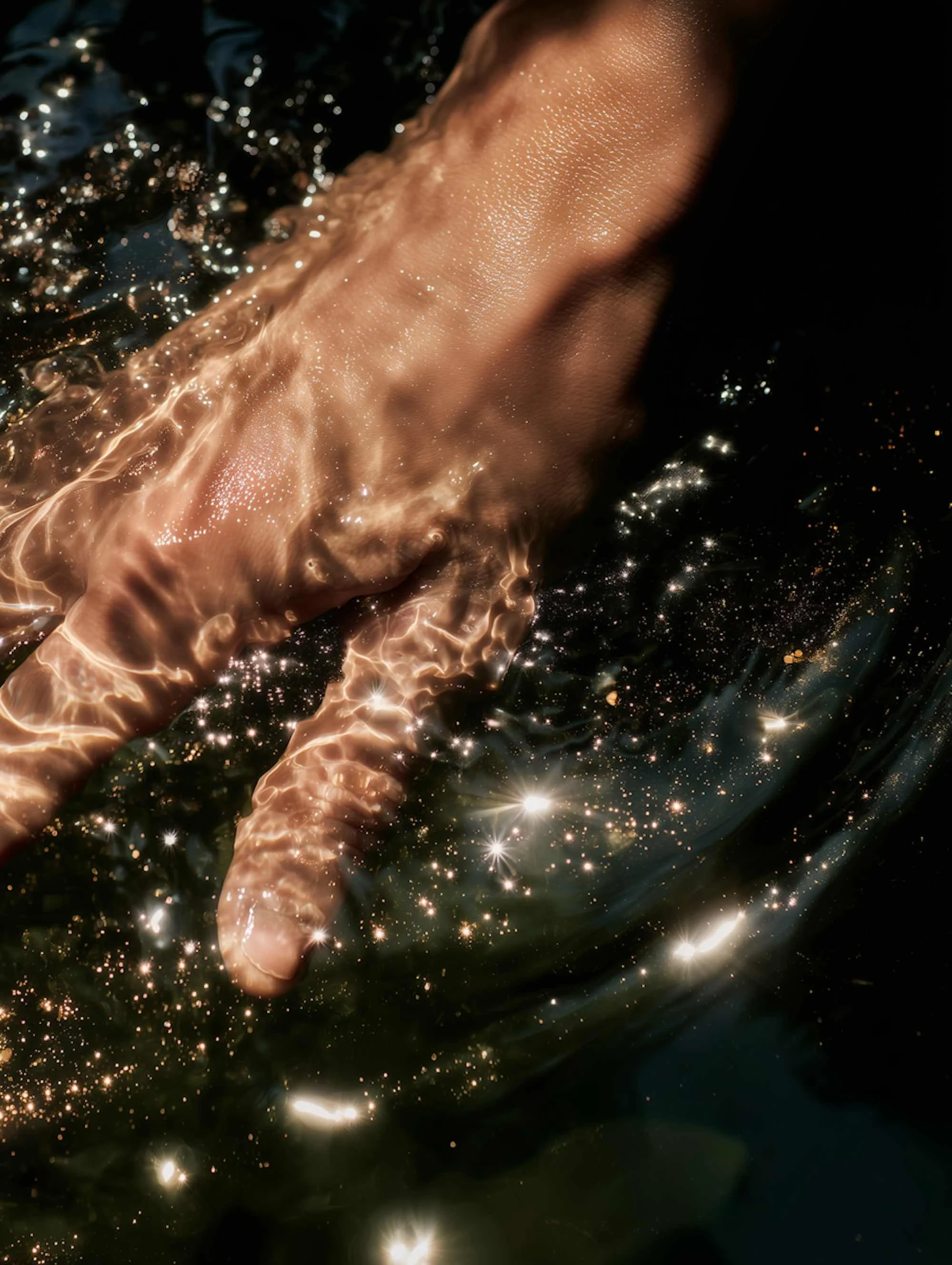 A hand submerged in water with sunlight reflecting off the water's surface, creating bright sparkles and shimmering effects.