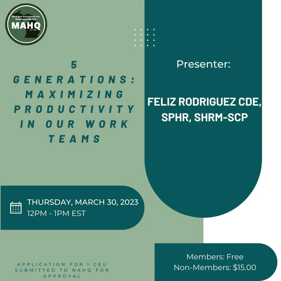 MAHQ March 2023 Webinar!⁠
⁠
5 Generations: Maximizing Productivity in our Work Teams ⁠
⁠
There are currently five generations in the workplace, Traditionalist, Baby Boomers, Gen X, Millennials, and now welcoming Gen Z. Each generation brings their ow