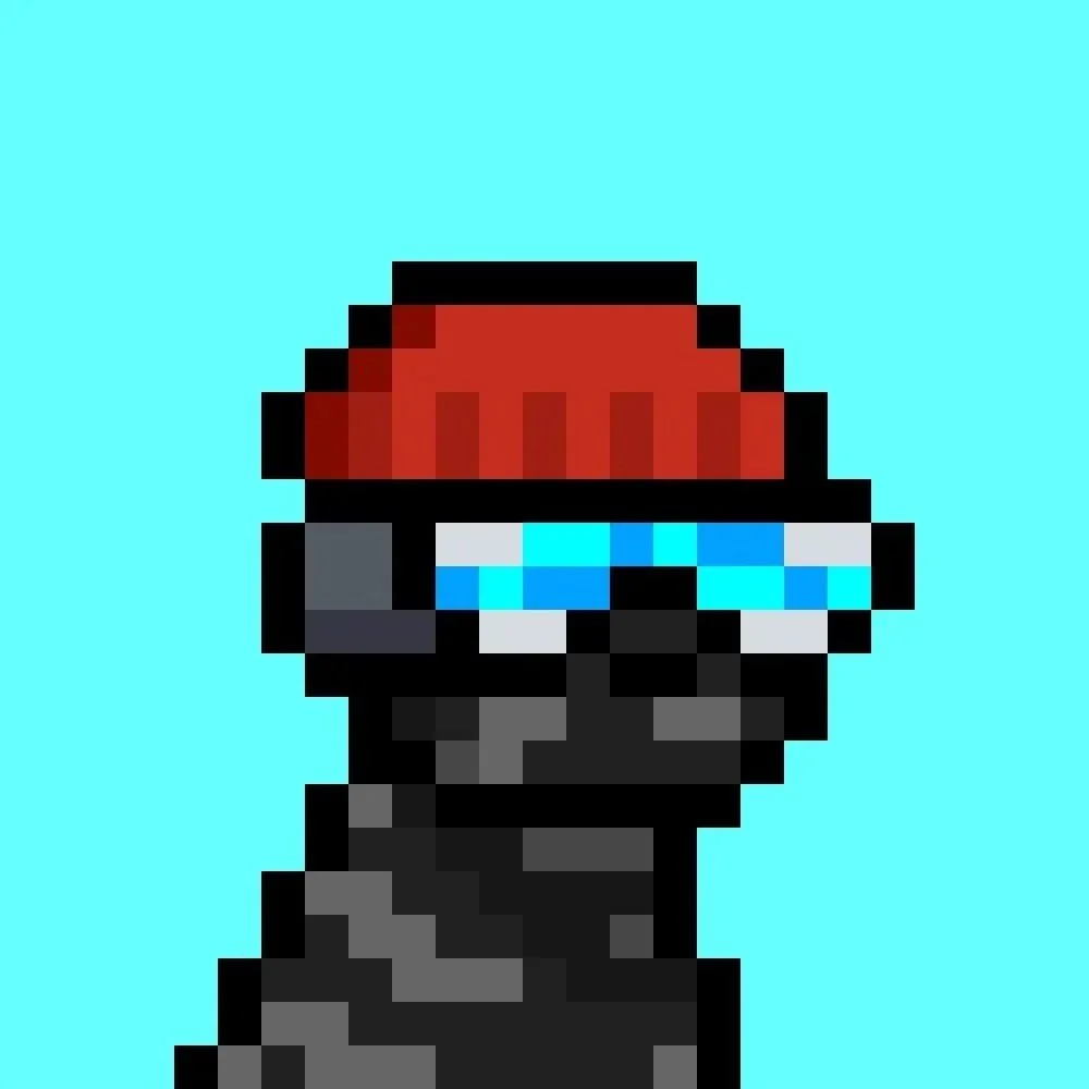 Pixel art image of a person wearing a red cap, blue glasses, and a black hoodie against a light blue background.