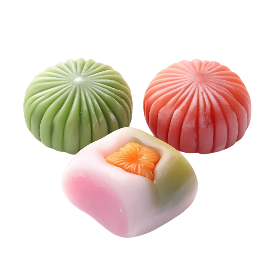 Three wagashi treats with different colors: green, orange, and a white one with an orange filling.