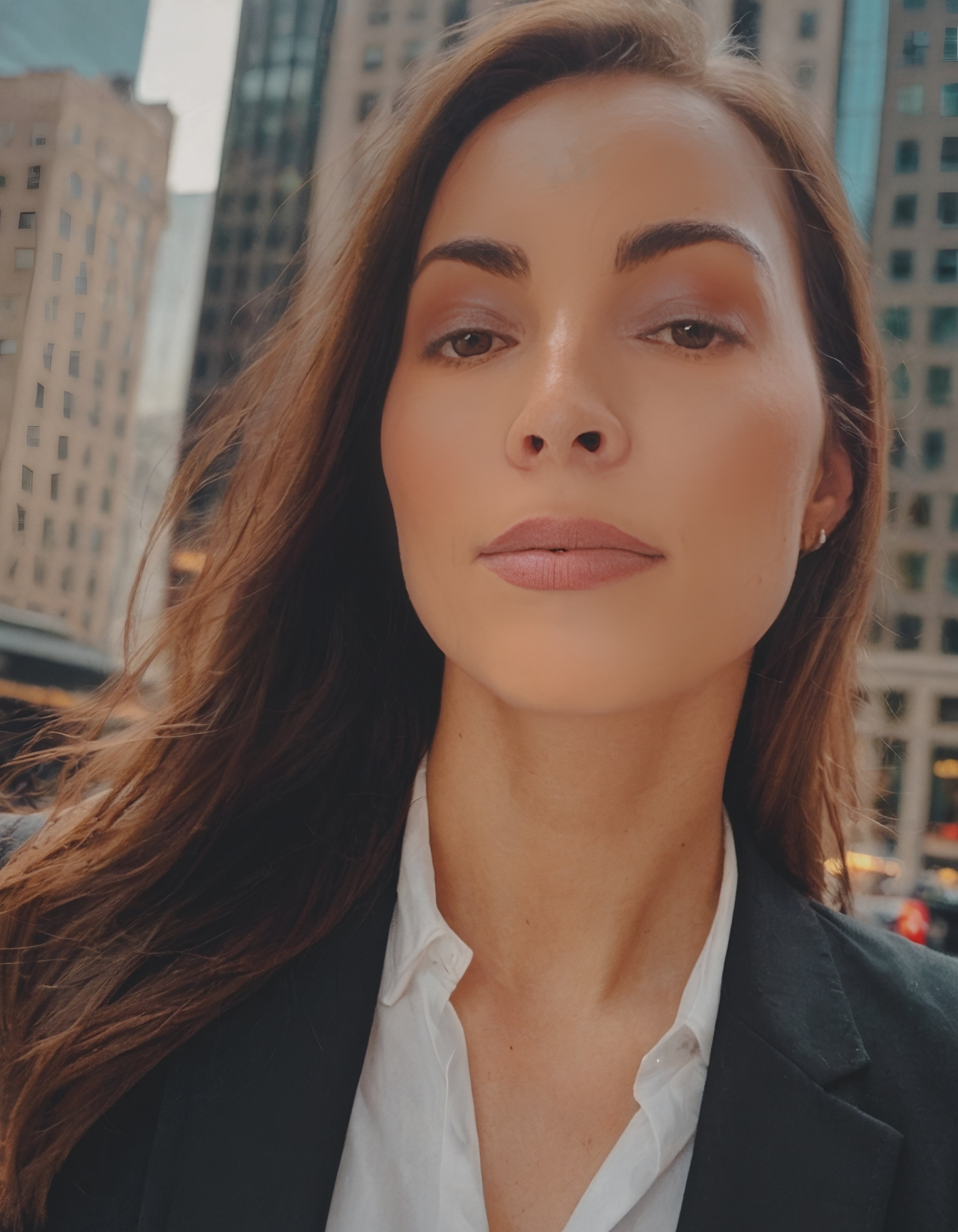 Eva Stanek, founder of The Imperfectionist, looking directly at the camera with a city skyline behind her