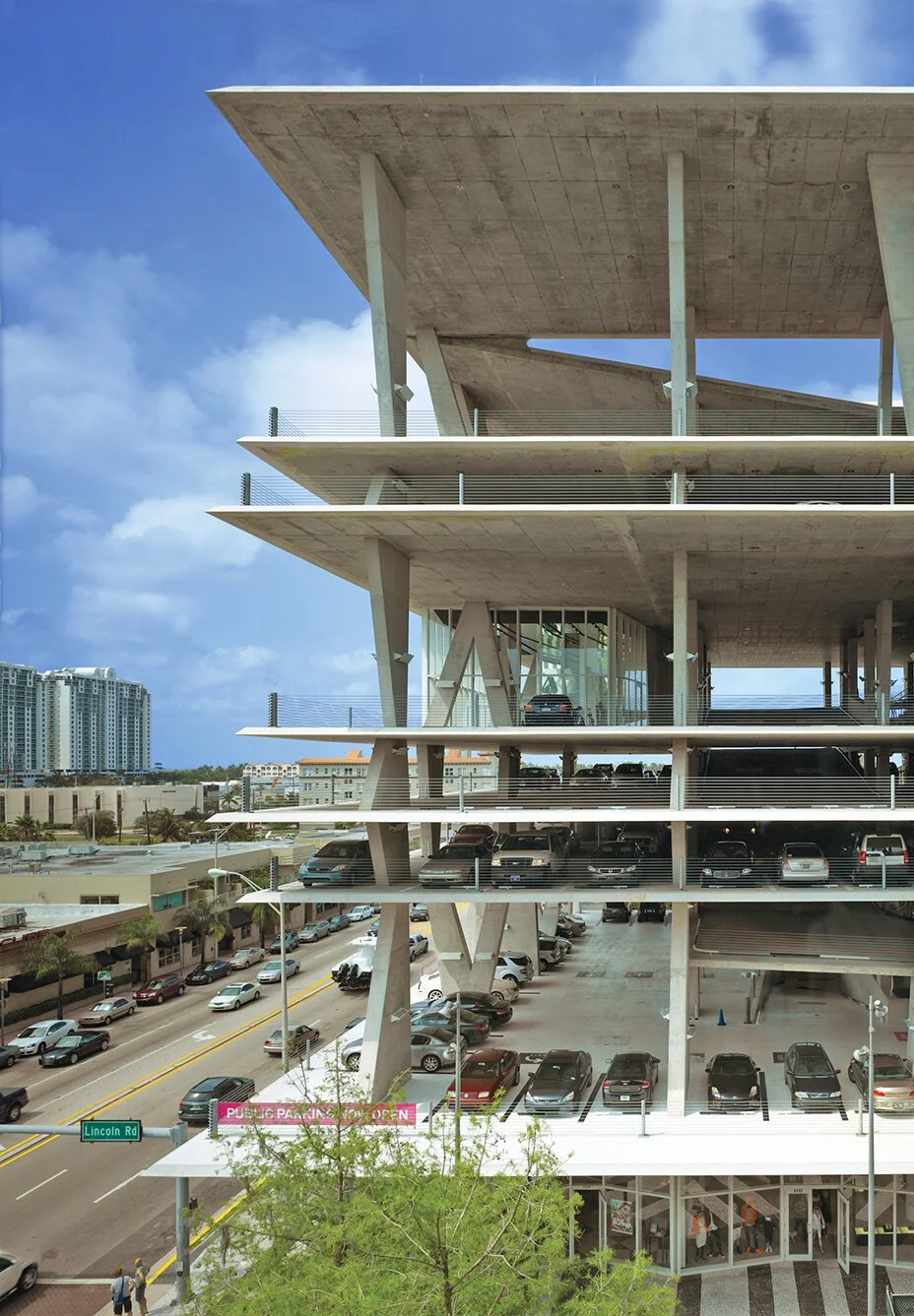 The modern, concrete parking garage design by Herzog and De Meuron at 1111 Lincoln Road in Miami, Florida