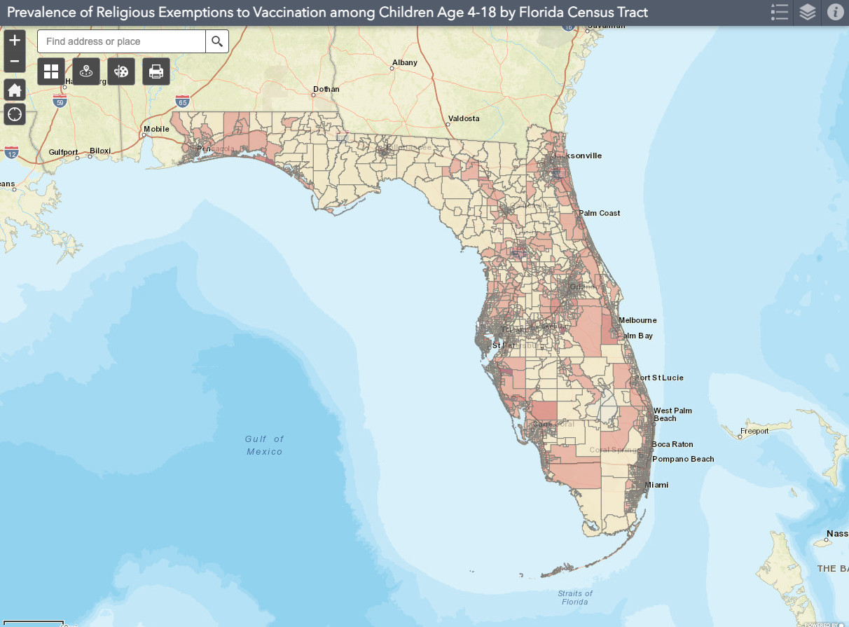 Image of the Prevalence of Religious Exemptions to Vaccination among Children Age 4-18 by Florida Census Tract Map
