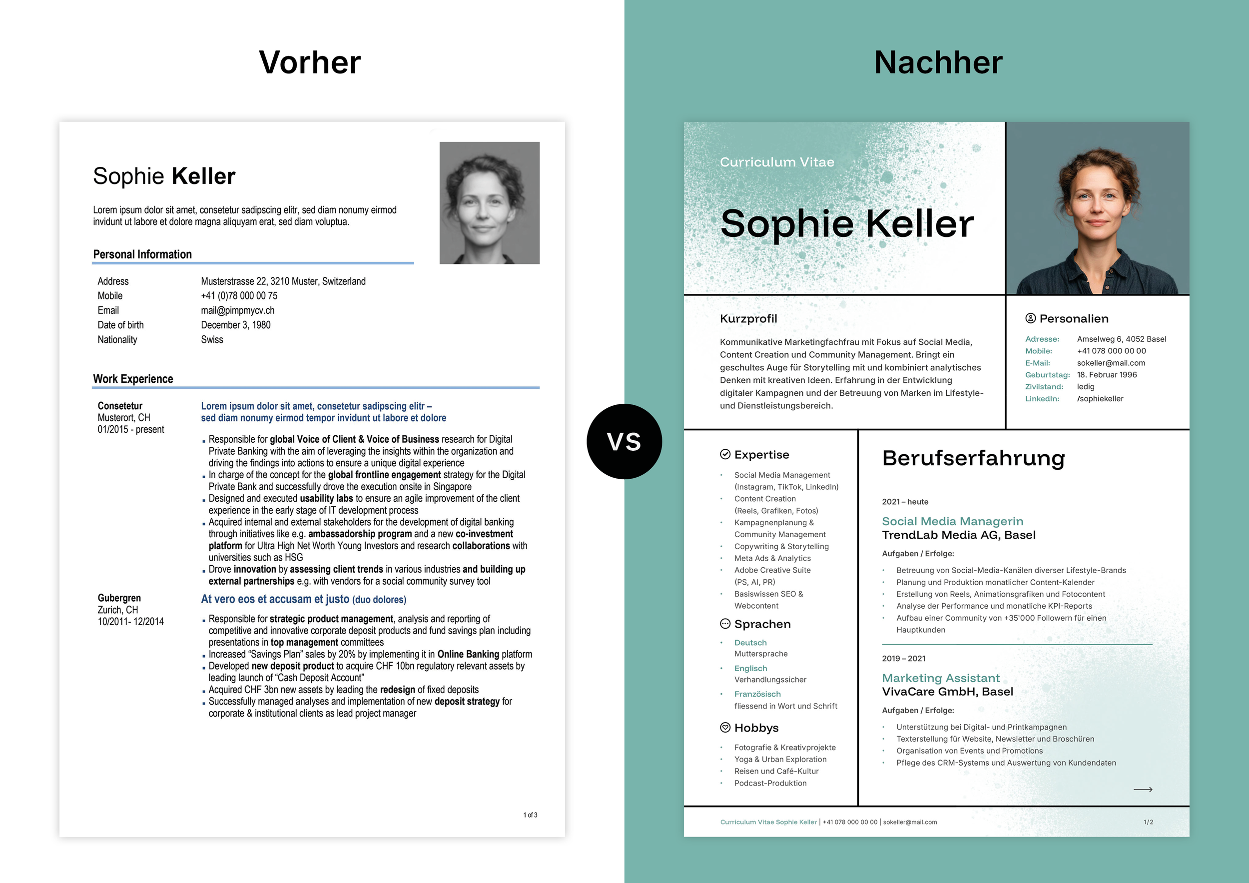 Vorher-Nachher-Darstellung von einem CV Design von Pimp my CV