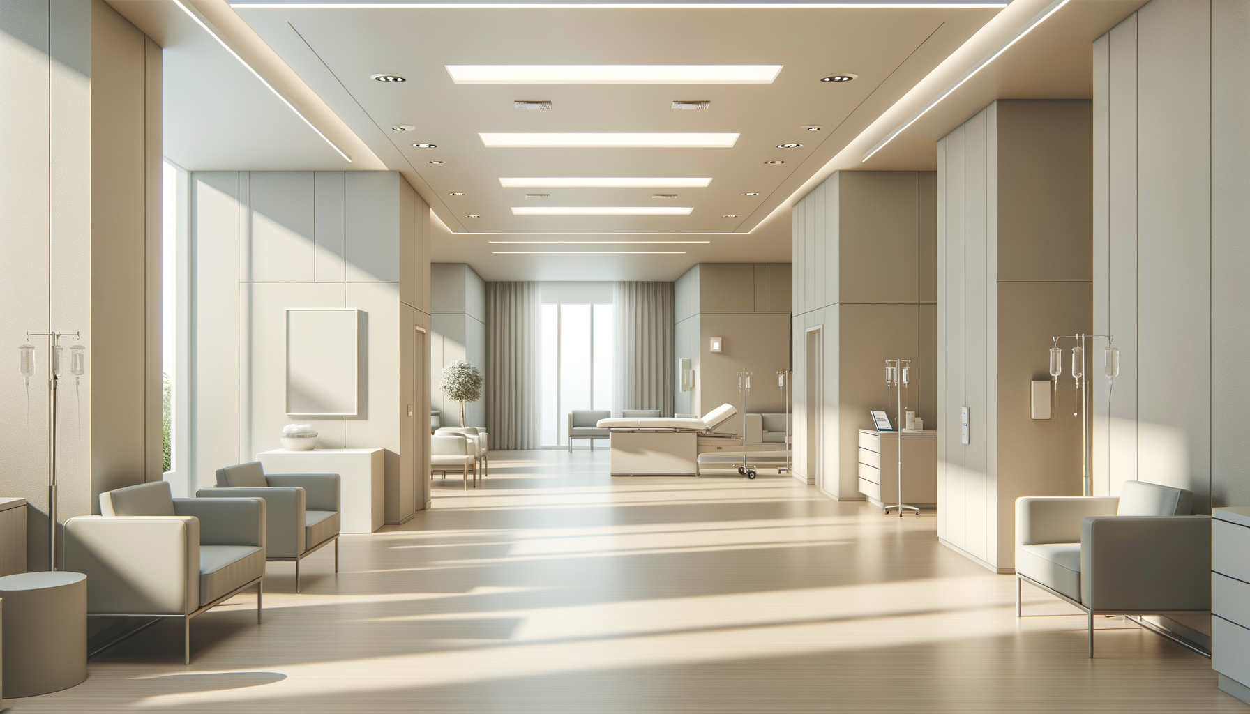 A modern hospital waiting room with chairs, IV stands, and a hospital bed, illuminated by natural light.