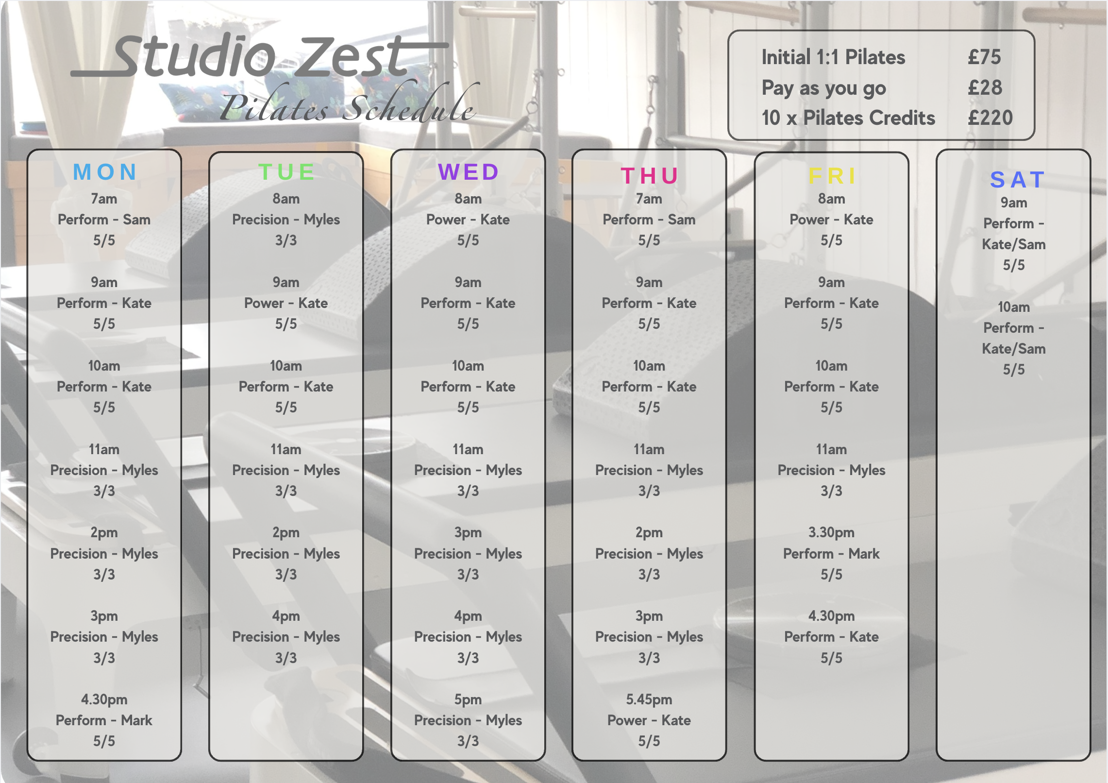 Weekly Pilates schedule for Studio Zest, featuring classes from Monday to Saturday with their times, instructors, and ratings. Prices are listed for different booking options at the top right corner.