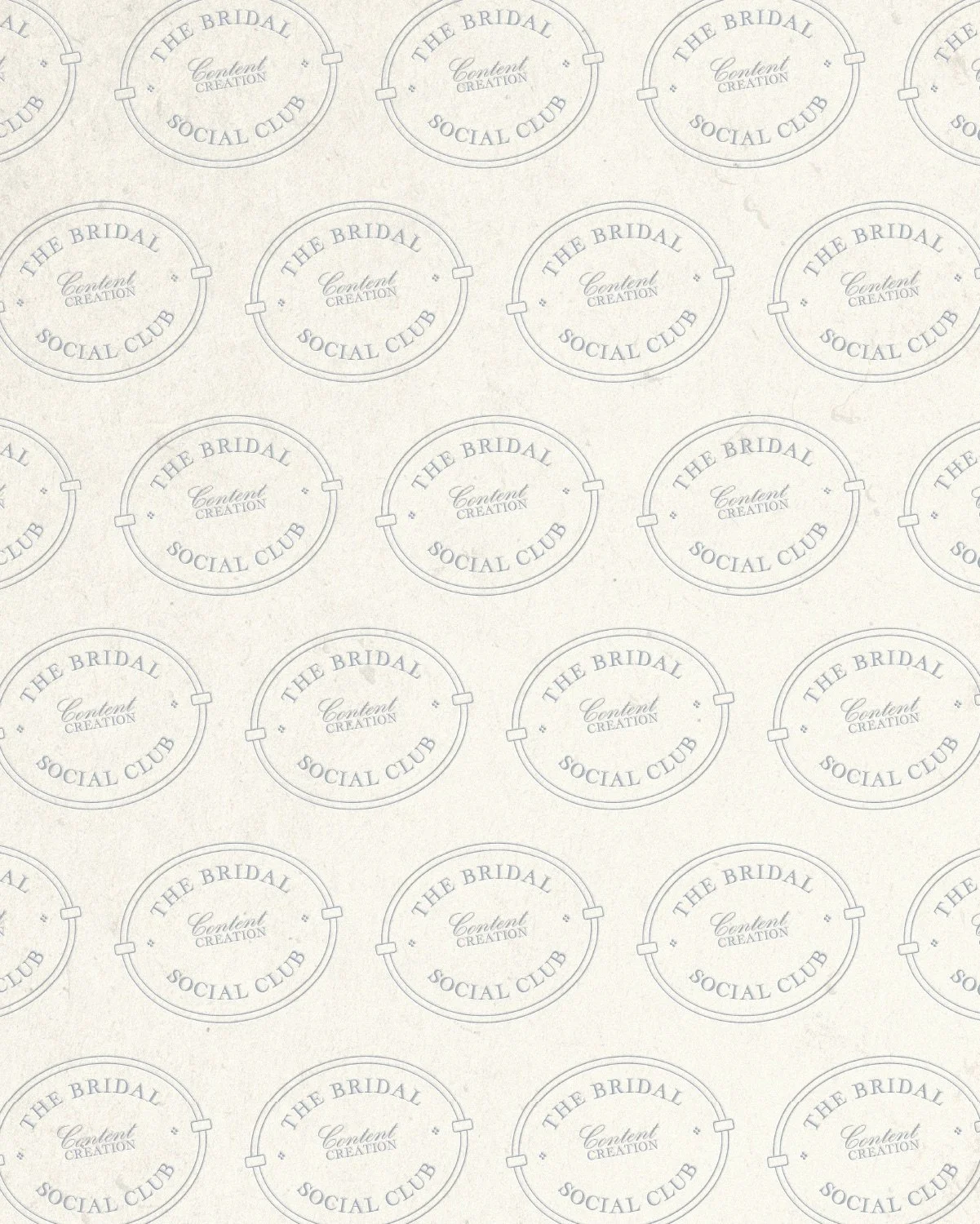 Repeating pattern of circular wedding-themed logo with text 'The Bridal Content Creation Social Club' on beige background.