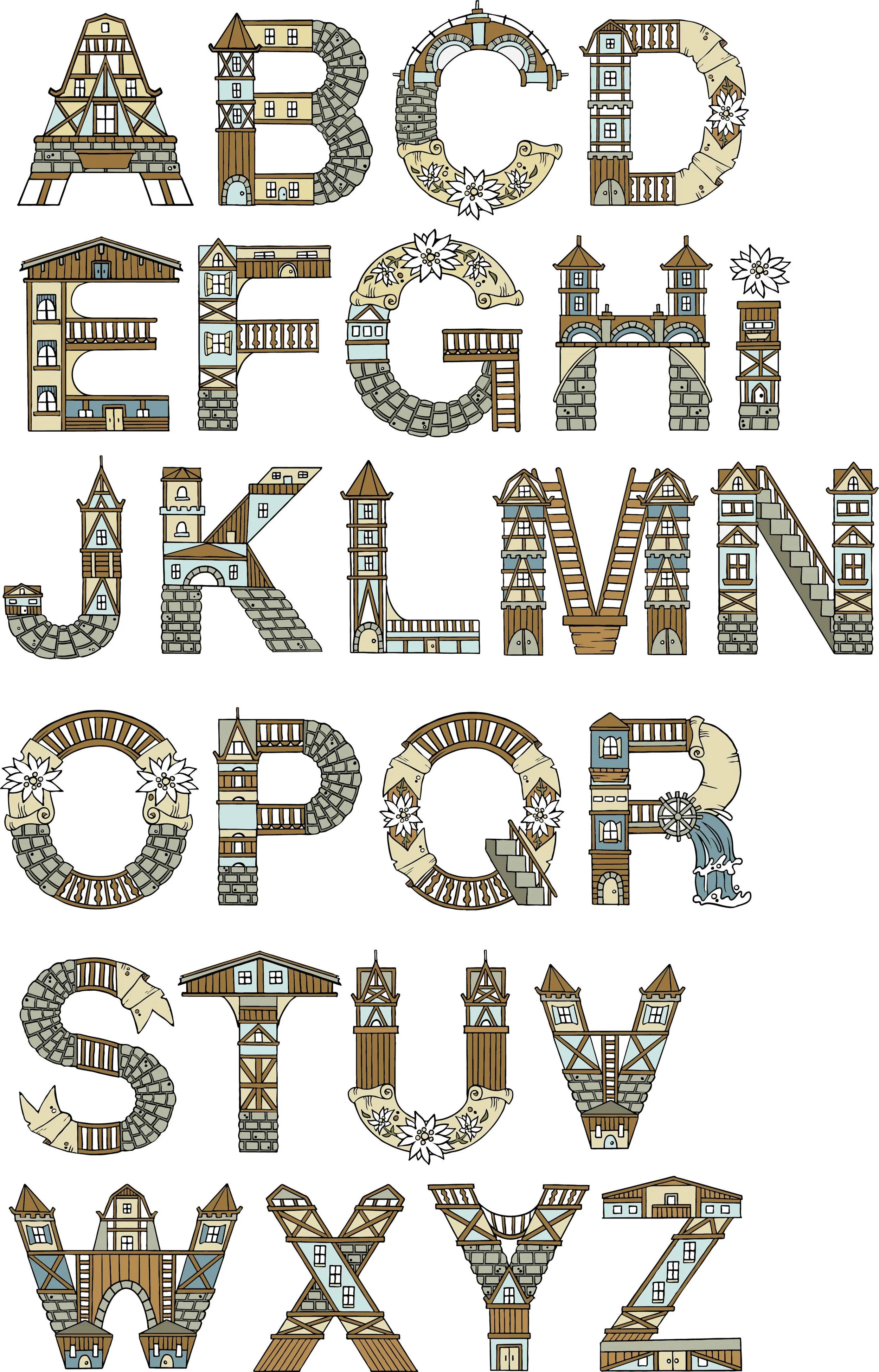 An illustrated vector alphabet based on. German houses. 