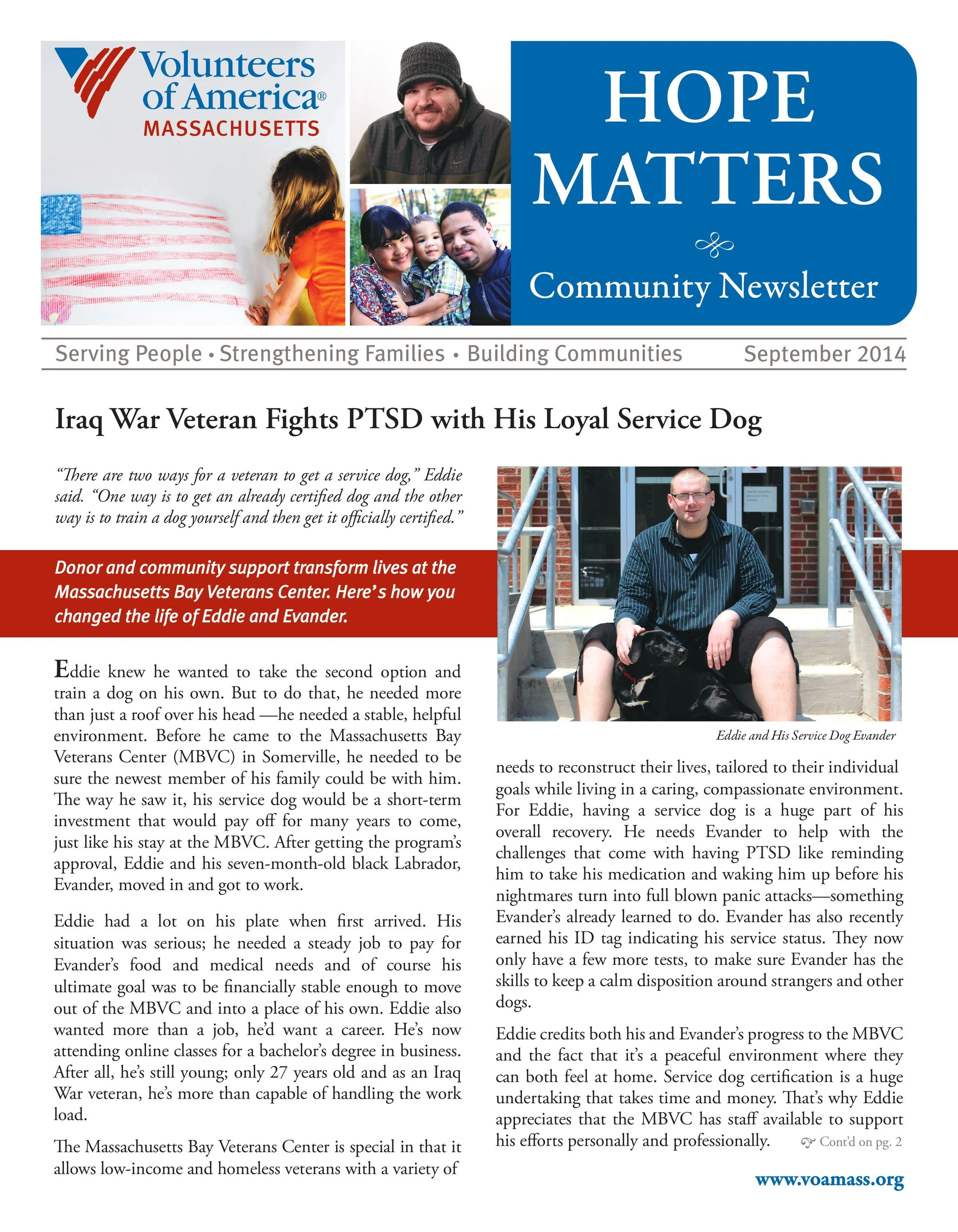 Direct marketing newsletter for a nonprofit featuring a story of a disabled veteran receiving housing for him and his service animal