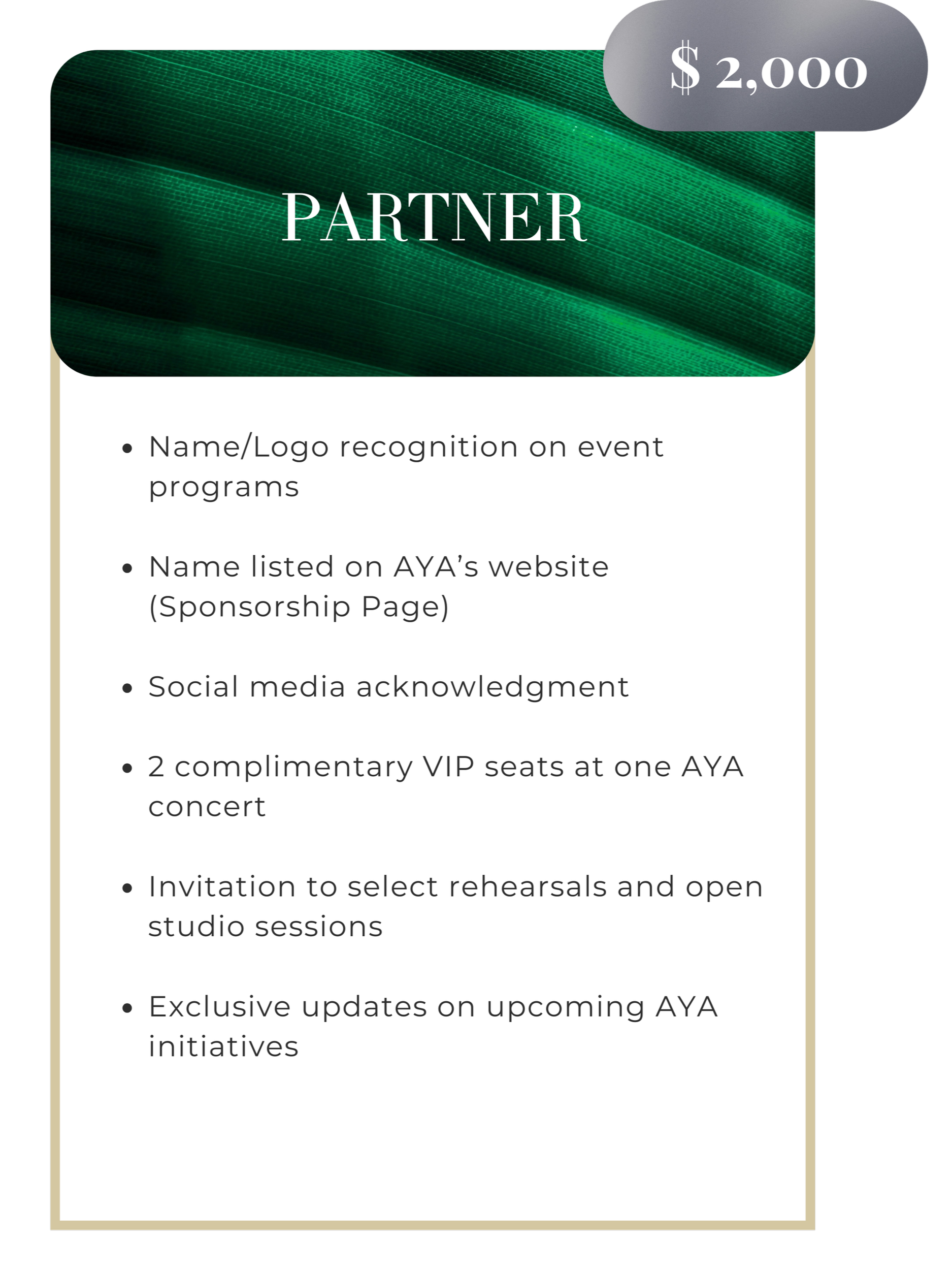 A sponsorship package for $2,000 with benefits including recognition, social media acknowledgment, VIP concert tickets, rehearsal and studio access, and updates on initiatives, labeled as 'Partner' with a green background and a gray badge displaying '$2,000' in the top right corner.