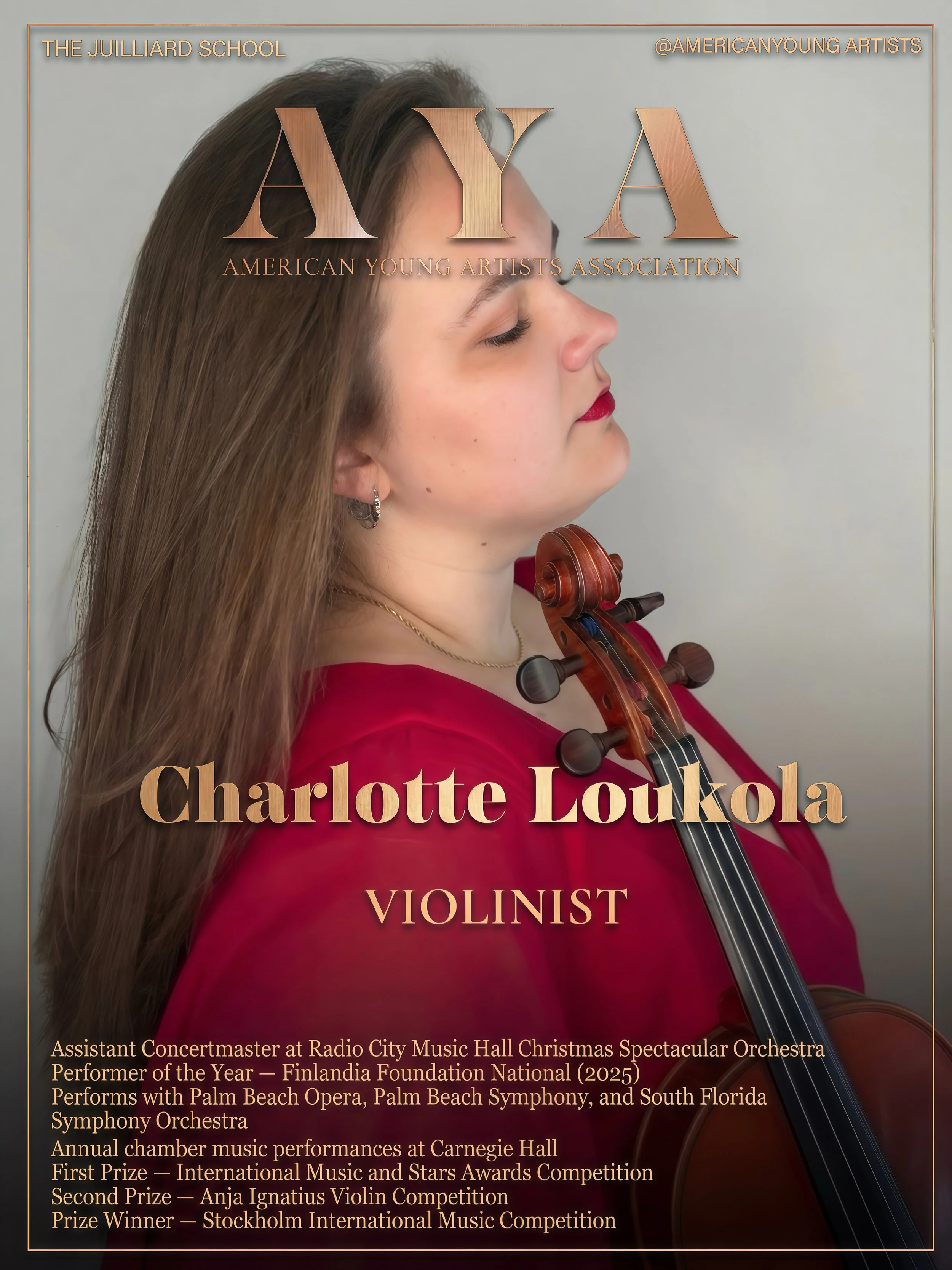 Poster of Charlotte Loukola, a violinist, featuring her portrait with a violin, and text highlighting her achievements and affiliations with The Juilliard School and American Young Artists Association.