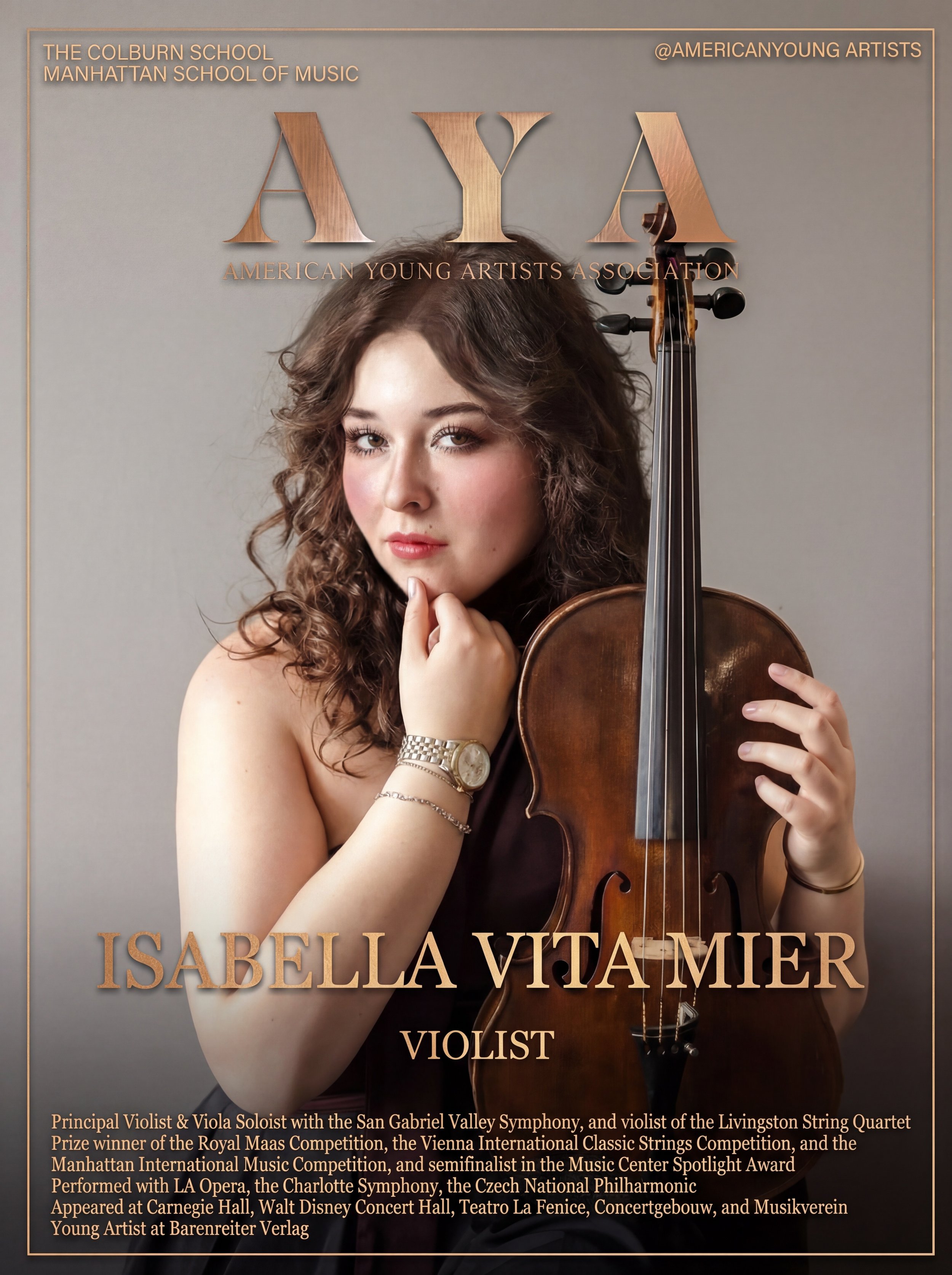 Magazine cover featuring Isabella Vita Mier, a young woman holding a violin, with text about her achievements and associations with music schools and competitions.