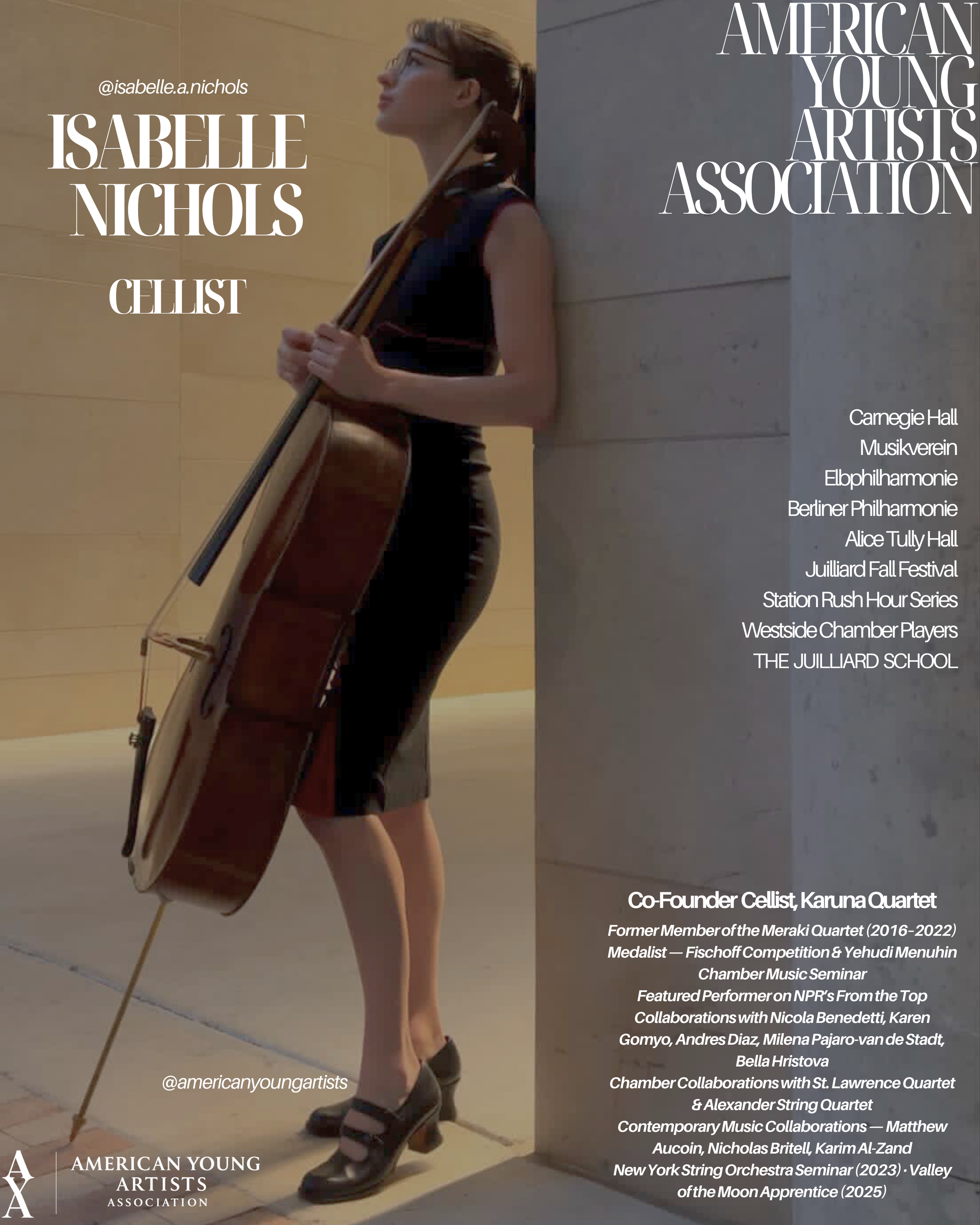 A woman standing against a wall holding a cello, dressed in a black dress and heels, with informational text about Isabelle Nichols, a cellist, and the American Young Artists Association.