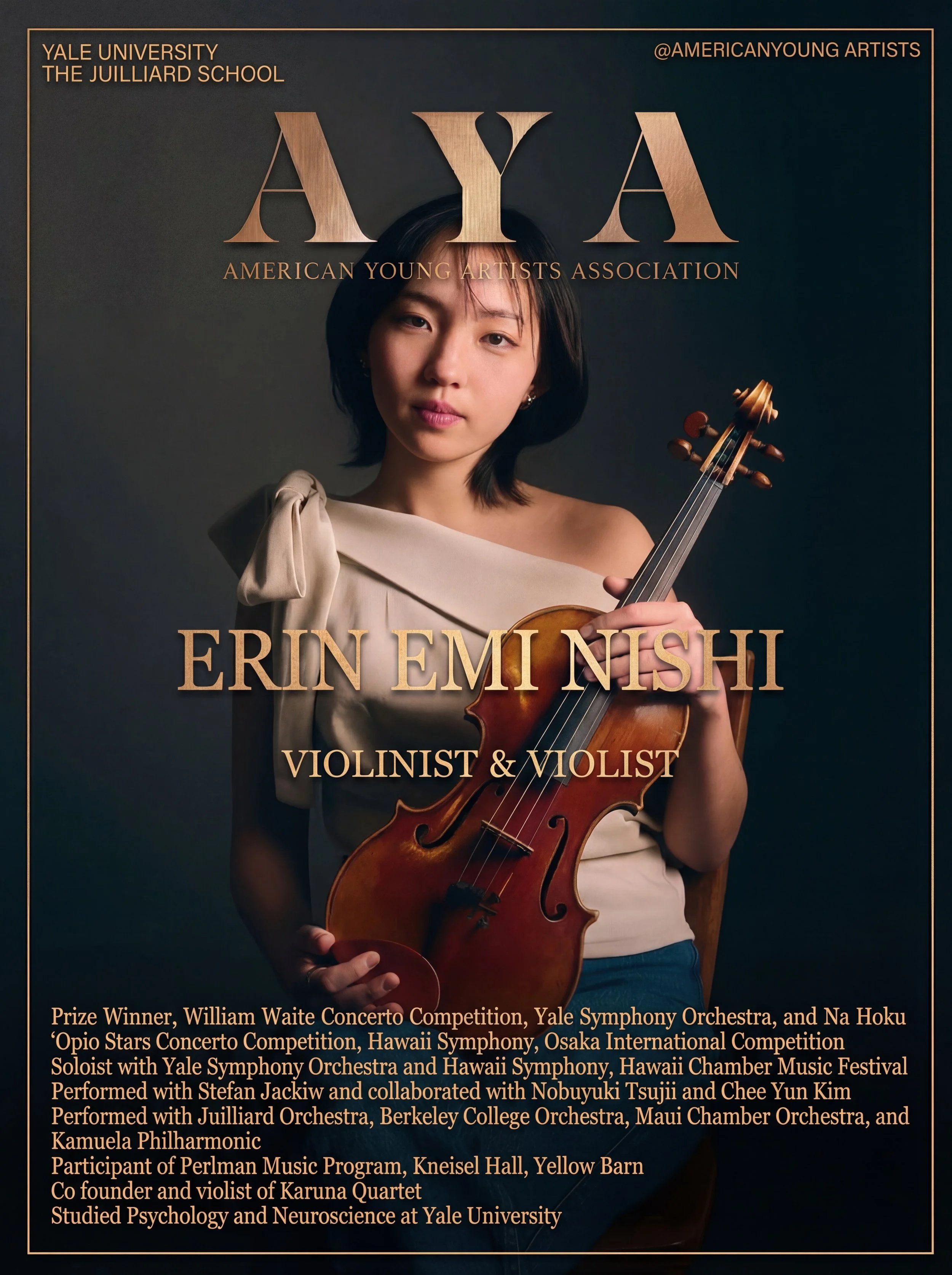 Poster featuring Kei Nishi, a young woman holding a violin, with text highlighting her achievements and associations with Yale University and various music competitions.