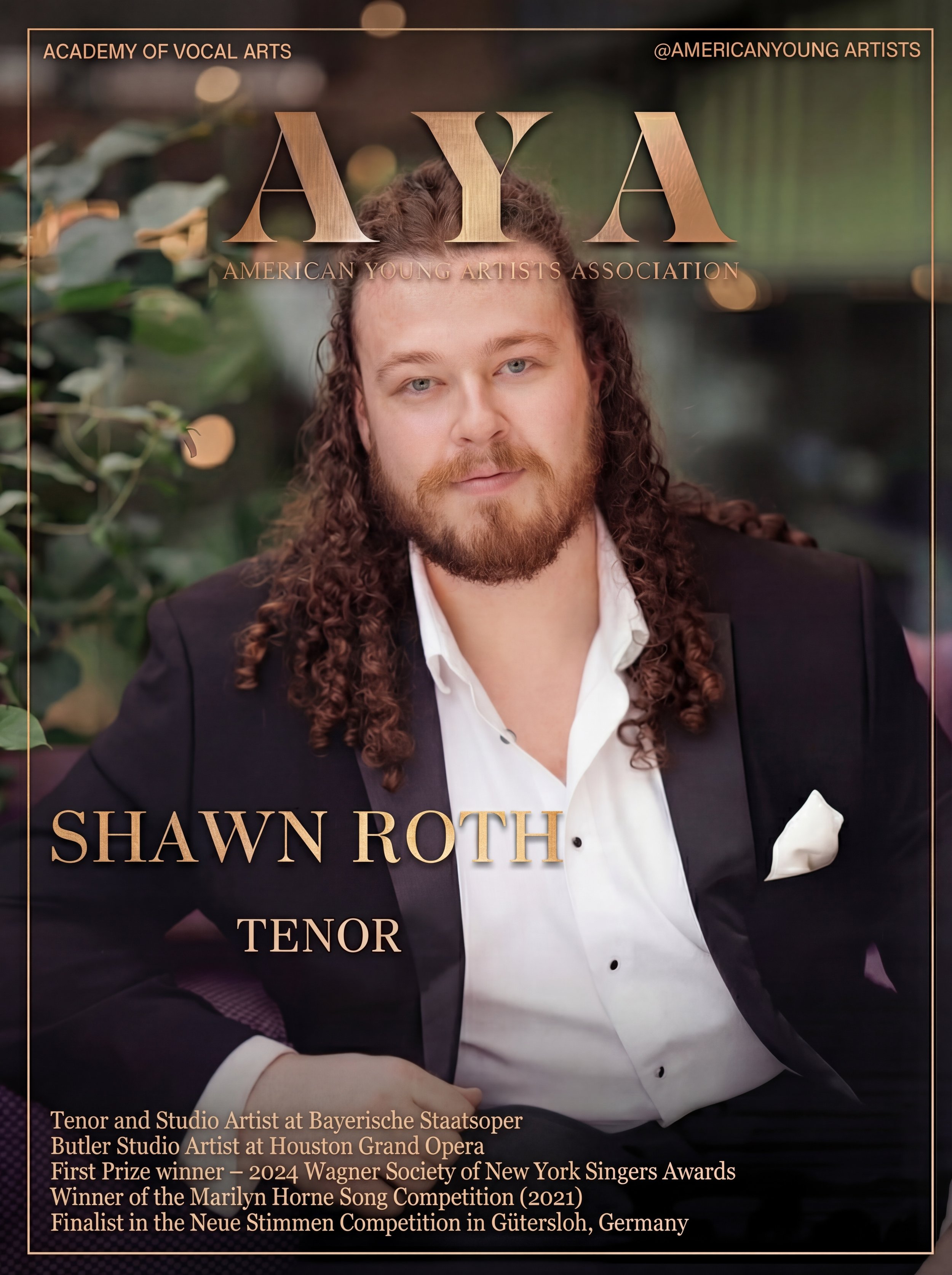 Portrait of Shawn Roth, a tenor, dressed in a black suit with a white shirt, seated and looking at the camera. The background is blurred with green foliage and warm lighting. The image includes text indicating it is part of the American Young Artists