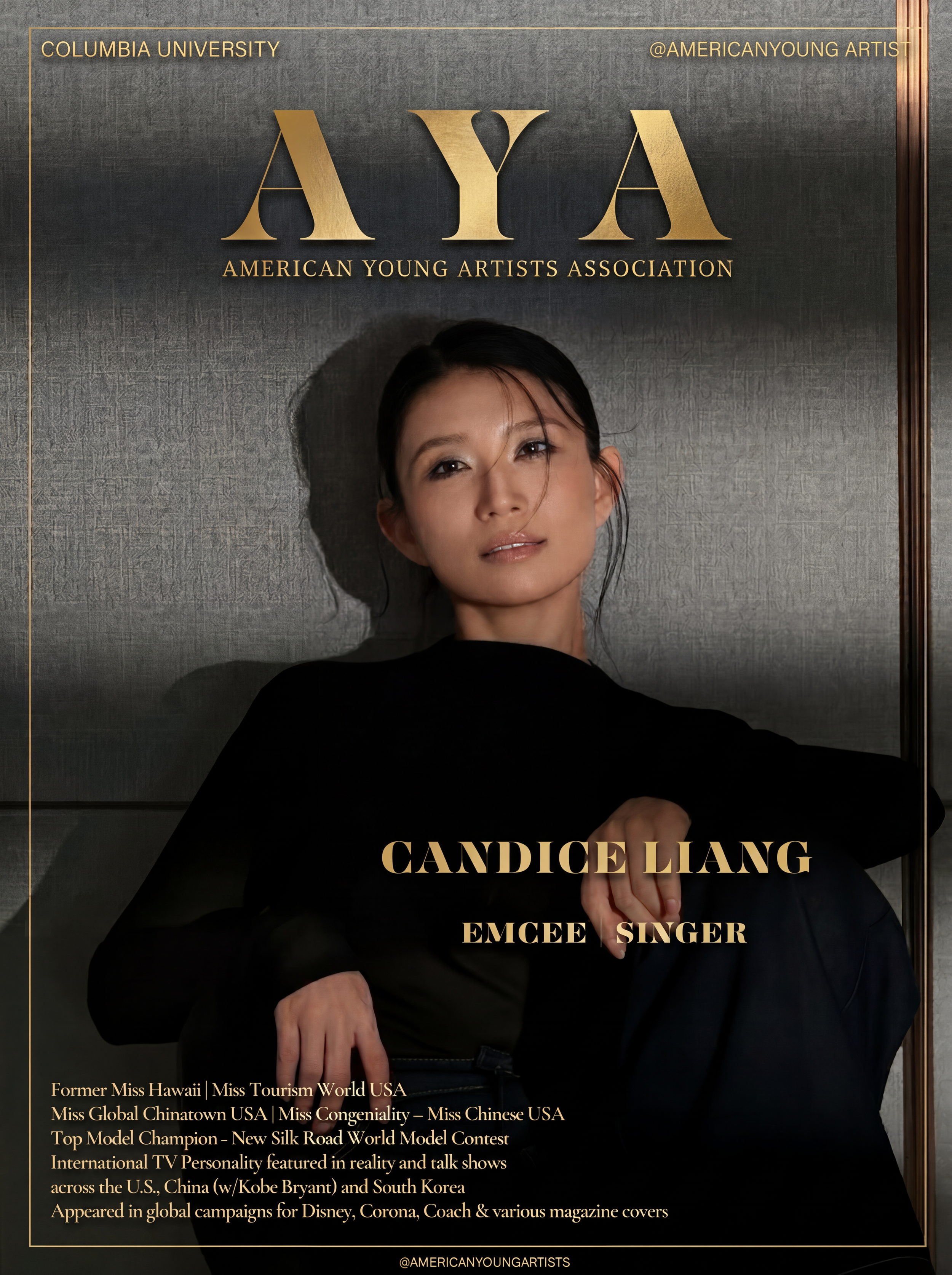 Cover of a magazine featuring Candice Liang, an emcee and singer, with a black background and gold text, including her achievements and affiliations.