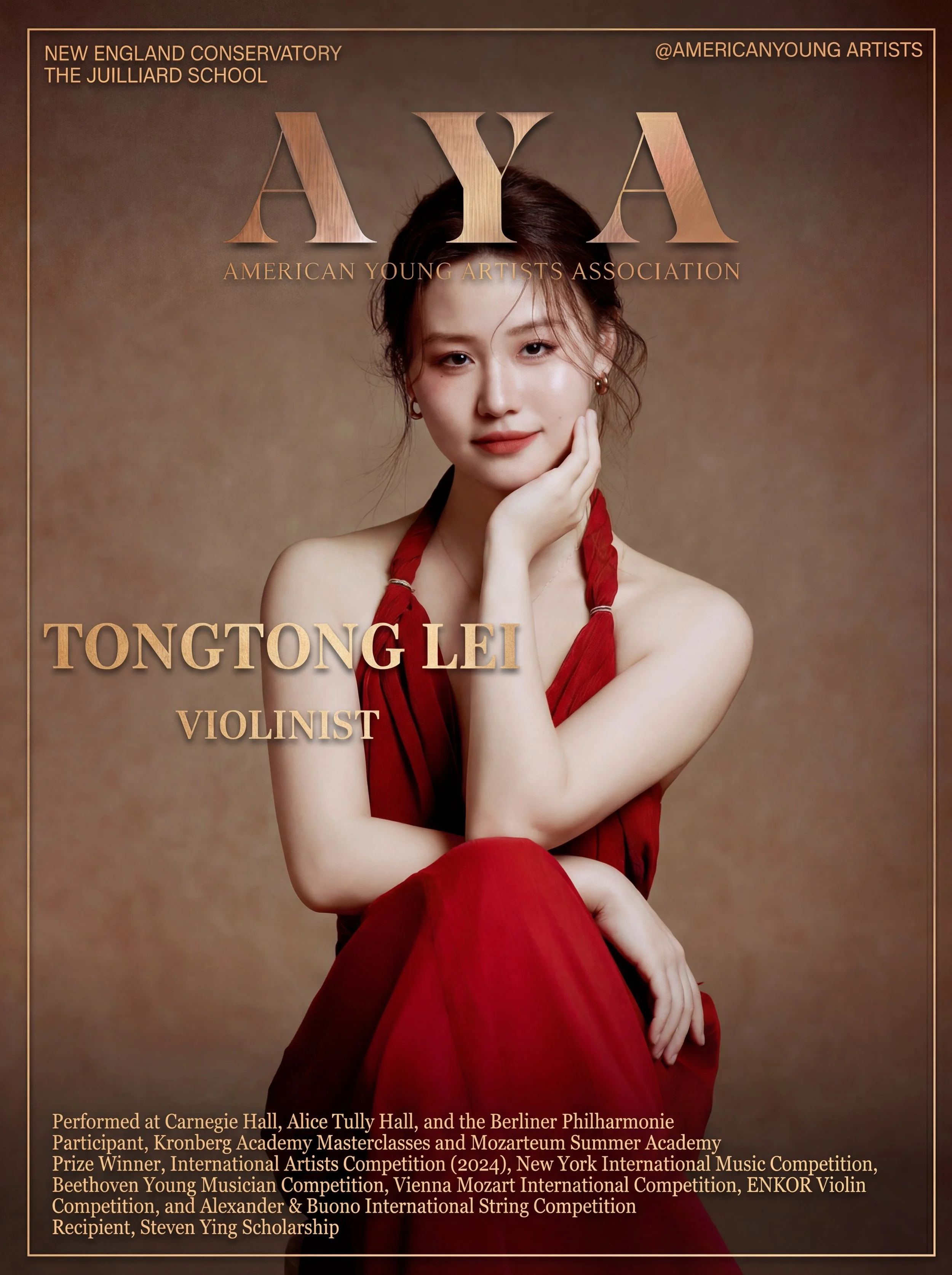 A young woman in a red dress with minimal makeup and her hair tied back, sitting and resting her chin on her hand, looking directly at the camera against a brown background. The text on the image indicates she is Tongtong Lei, a violinist, featured b