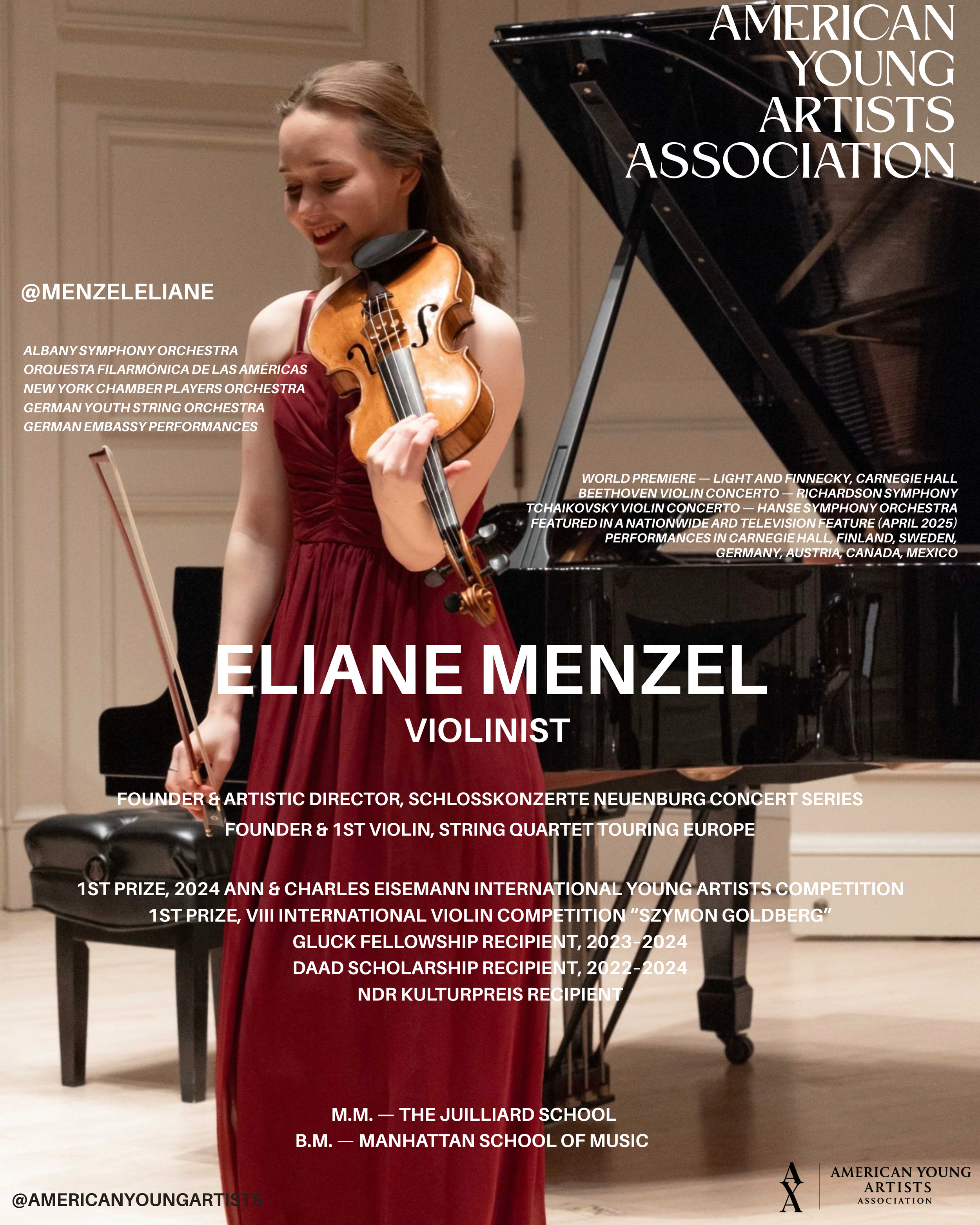 Young woman in a red dress playing the violin in a concert hall with a grand piano in the background, holding a bow in her right hand and smiling.