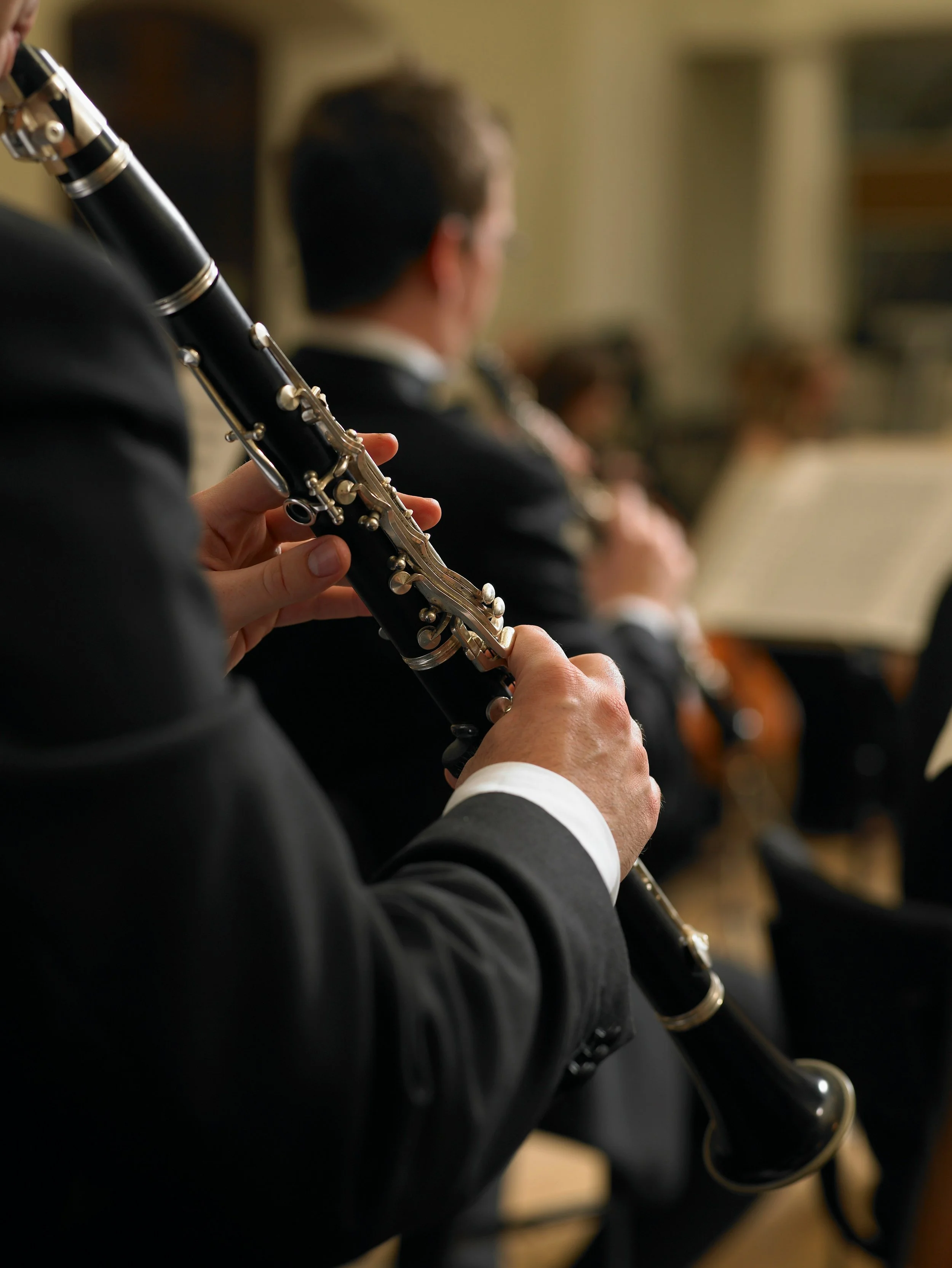 Musicians playing instruments during a performance, focusing on a person playing a clarinet.