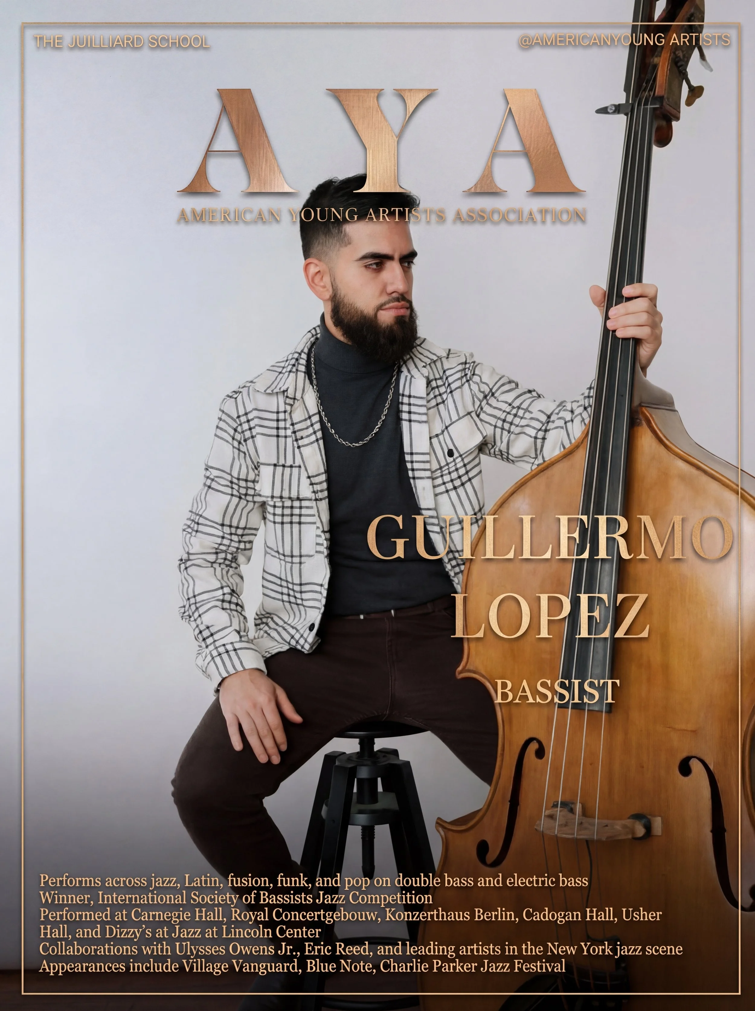 A man with a beard playing a double bass, sitting on a stool, wearing a black shirt, a plaid jacket, and a chain, with text overlay about Guillermo Lopez, a bassist, at the American Young Artists Association.