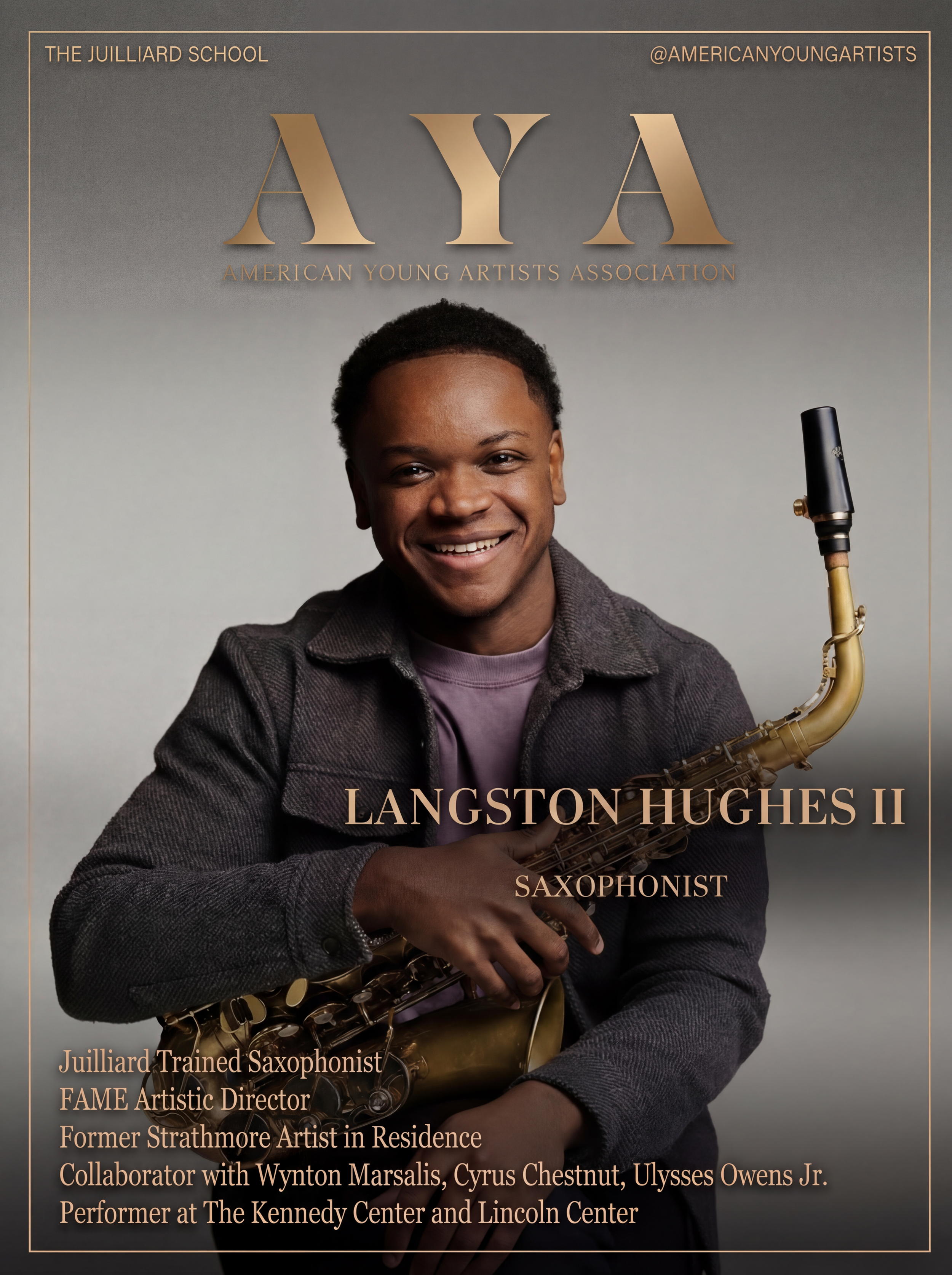 Poster featuring a young man holding a saxophone, smiling at the camera, with text indicating his name as Langston Hughes II, a saxophonist, along with his background and accomplishments.