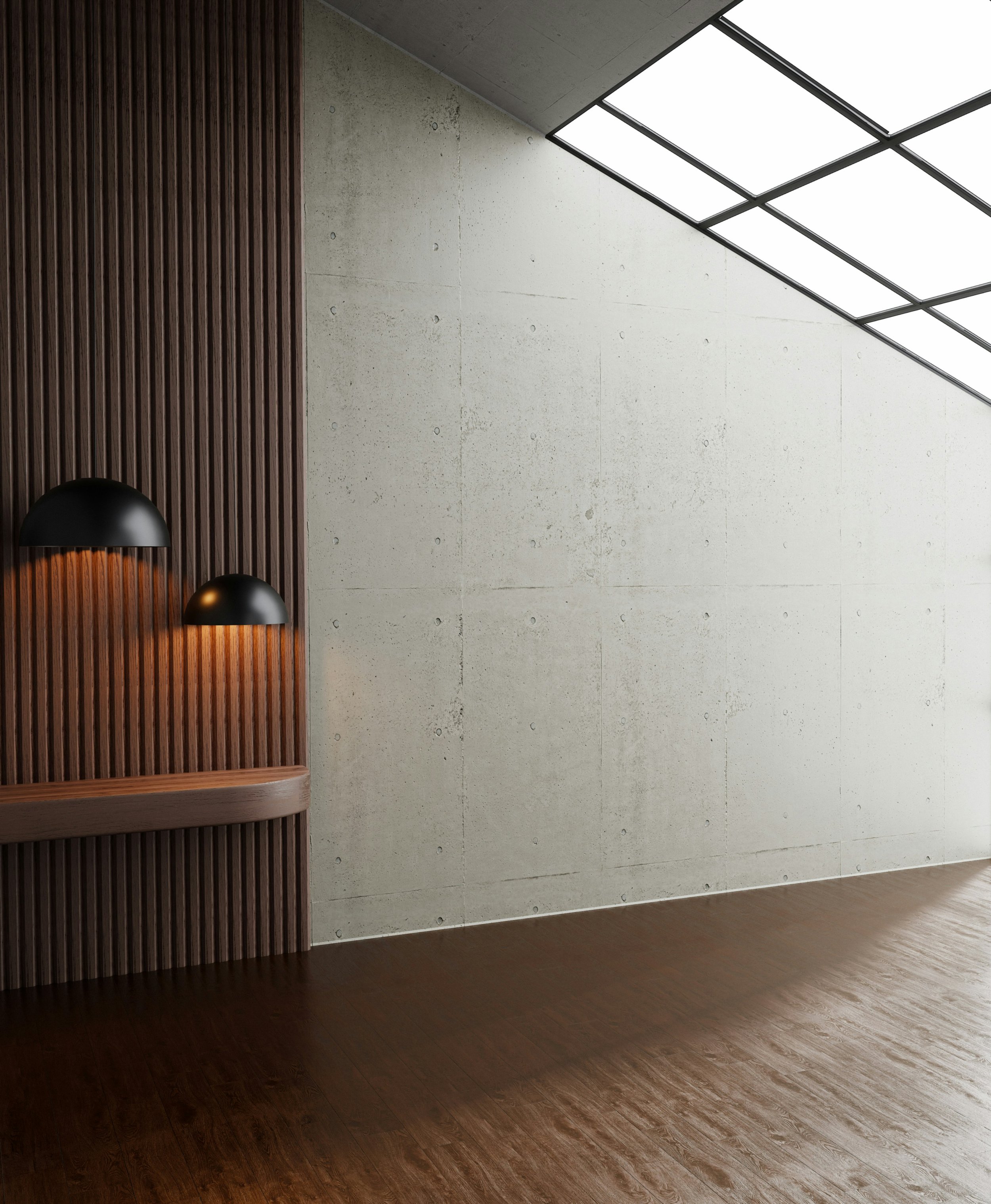 Modern interior with a concrete wall, wooden flooring, and a decorative wooden wall with black lamps.