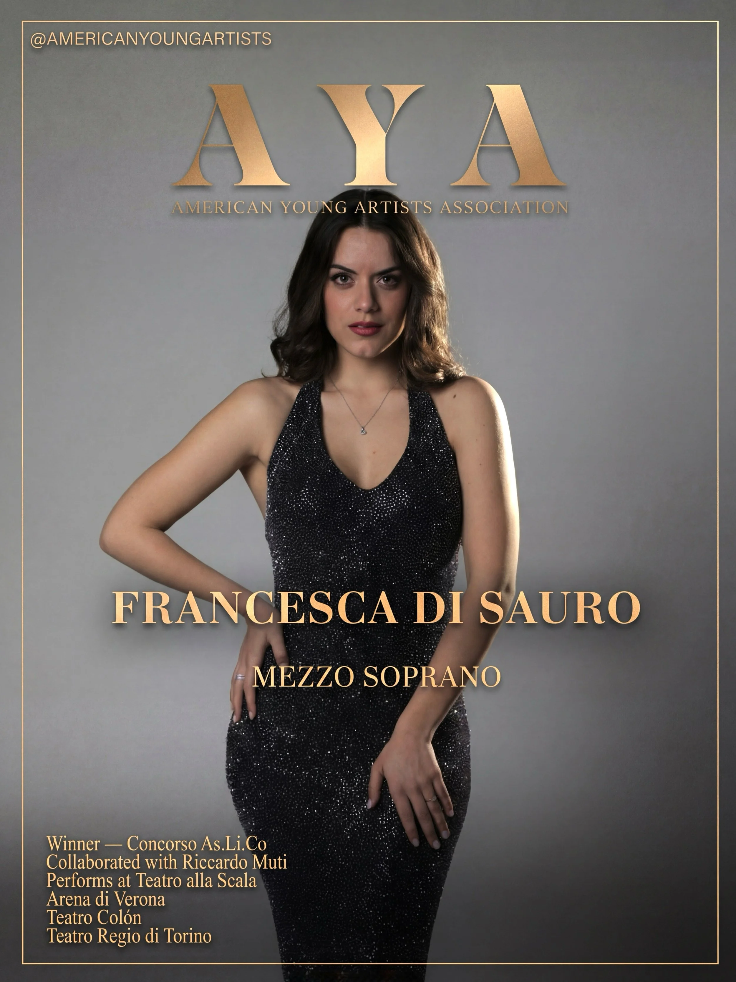 Promotional poster featuring Francesca Di Sauro, a mezzo-soprano singer, with text about her achievements and performances, and the logo of the American Young Artists Association at the top.