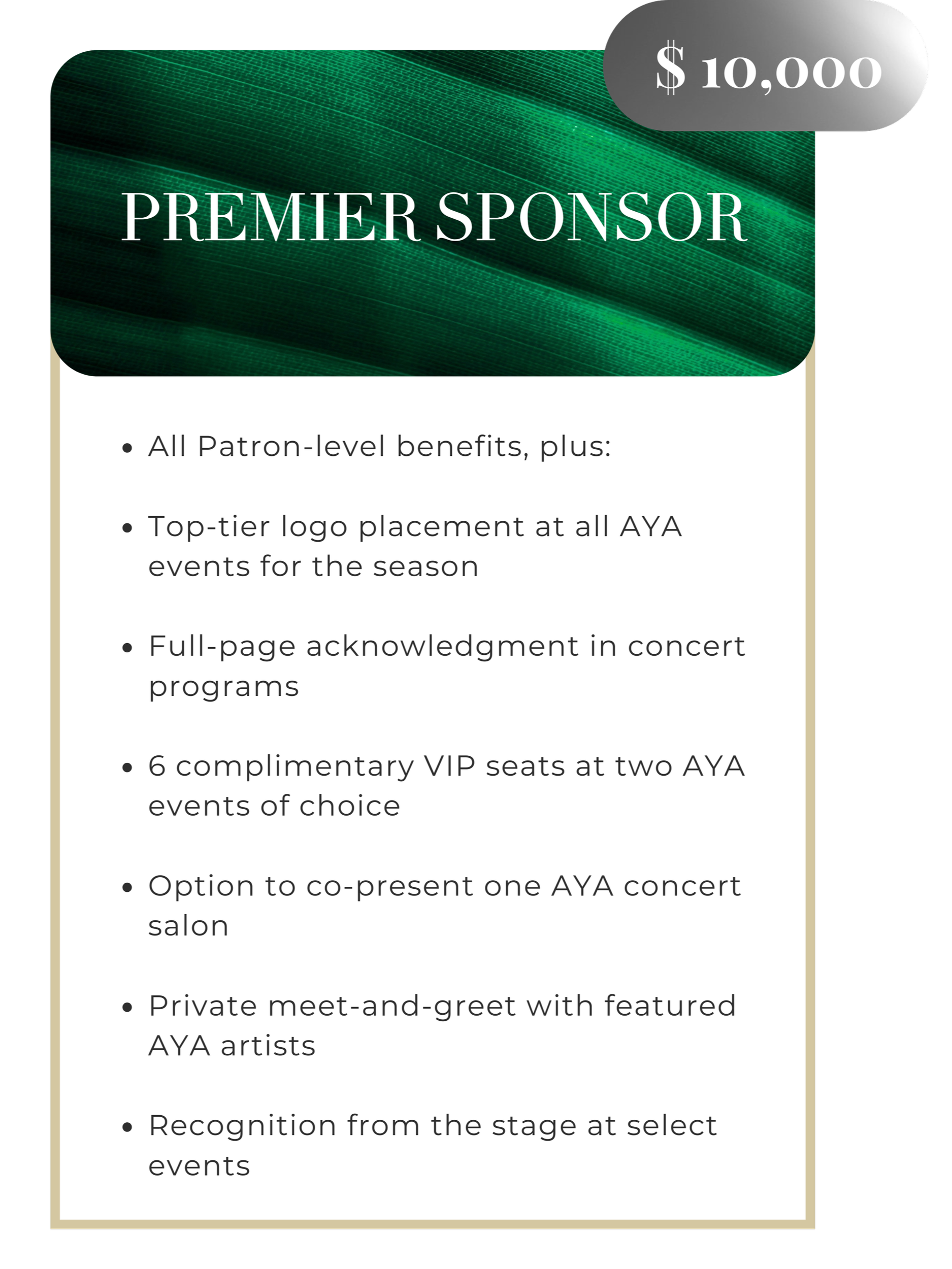 A promotional card displaying a sponsorship package with benefits, priced at $10,000, titled 'Premier Sponsor'.