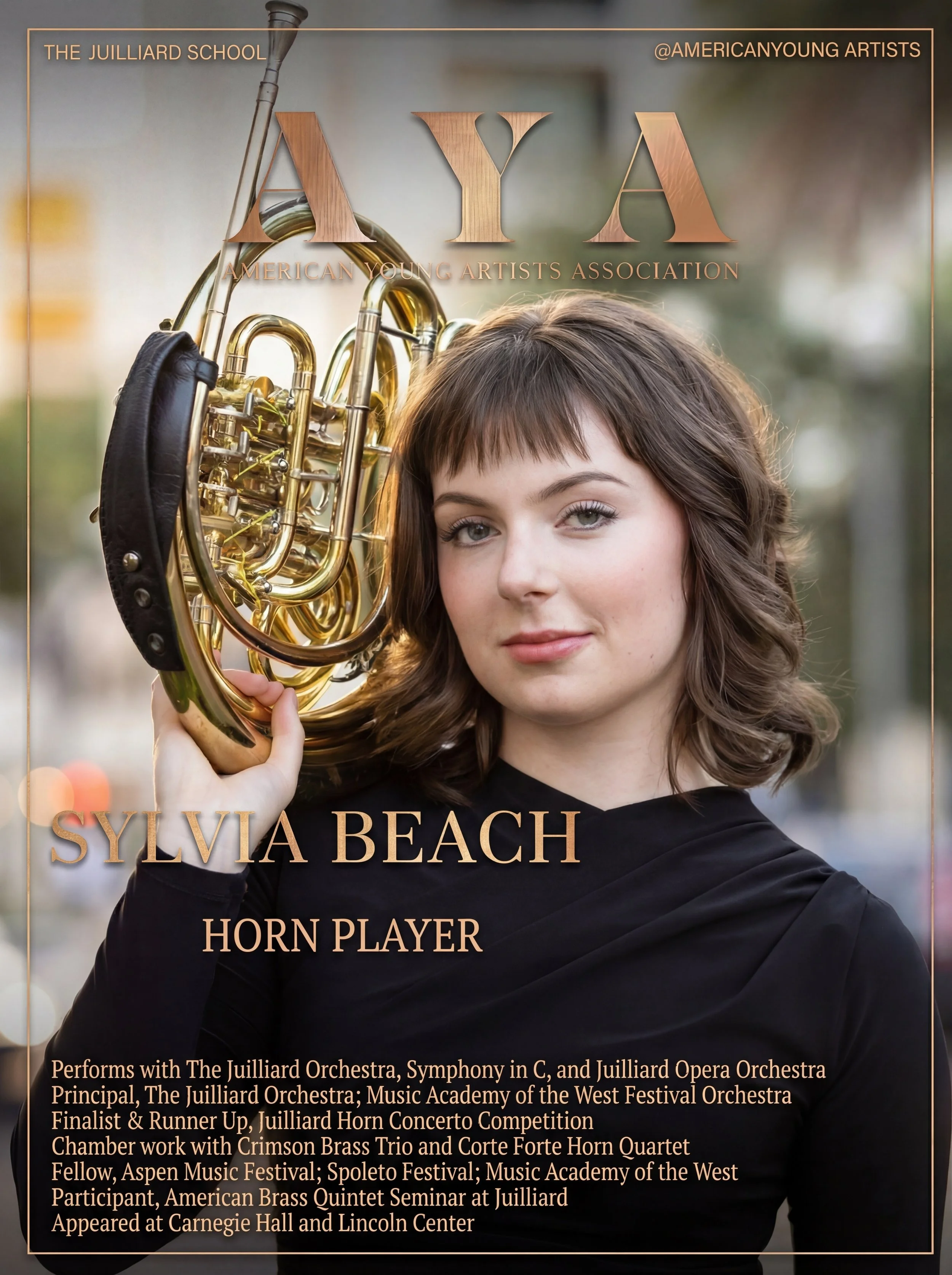 A young woman with shoulder-length brown hair holding a golden horn, looking at the camera, with a blurred outdoor background. The text indicates she is Sylvia Beach, a horn player, associated with various orchestras and festivals.