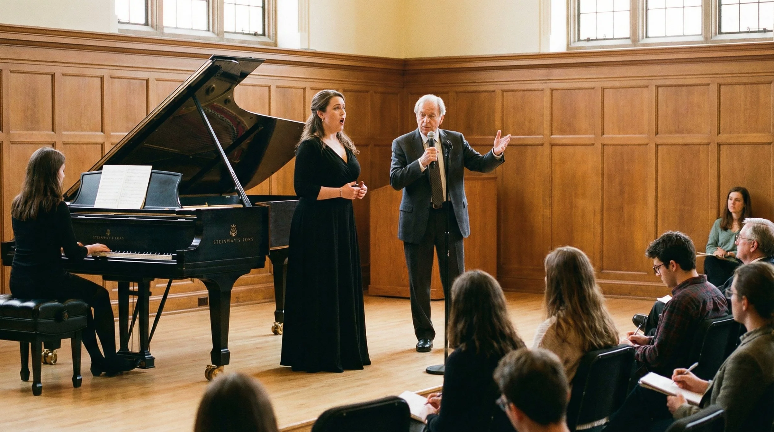 A performance in a wood-paneled room with a grand piano, two singers on stage, and an audience seated taking notes.