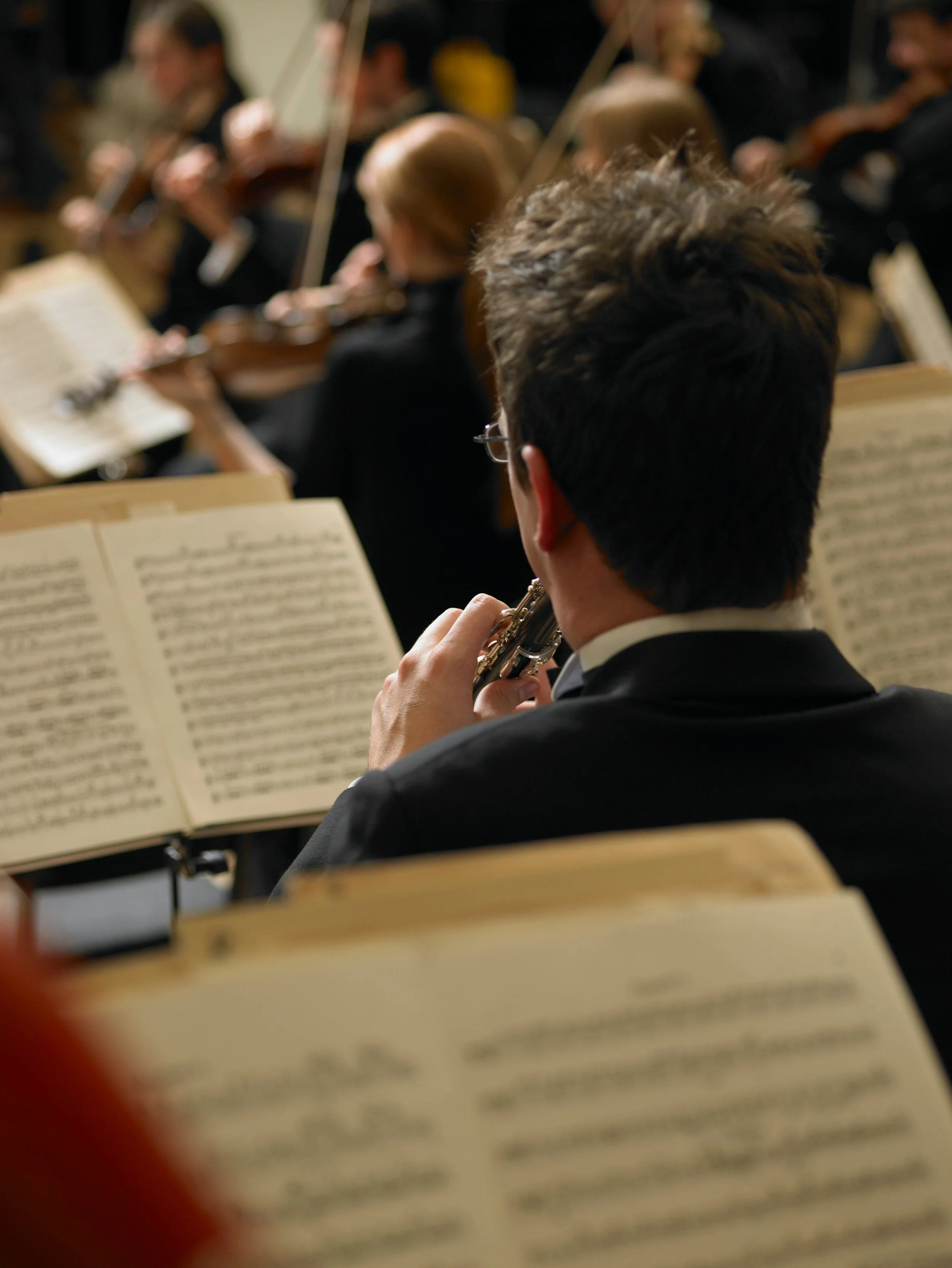 An orchestra performing, with a focus on a male musician playing a wind instrument, seen from behind, surrounded by sheet music.