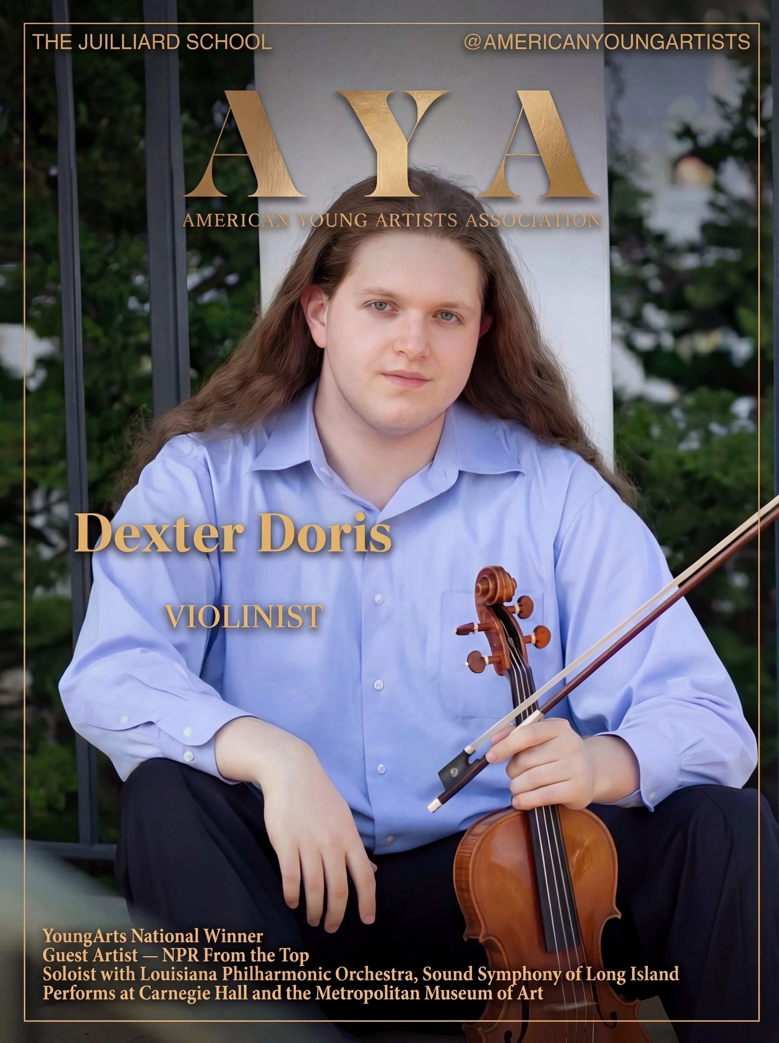 Poster of young violinist Dexter Doris, with long hair, sitting outdoors, holding a violin and bow, for the American Young Artists Association, featuring awards and performance highlights.