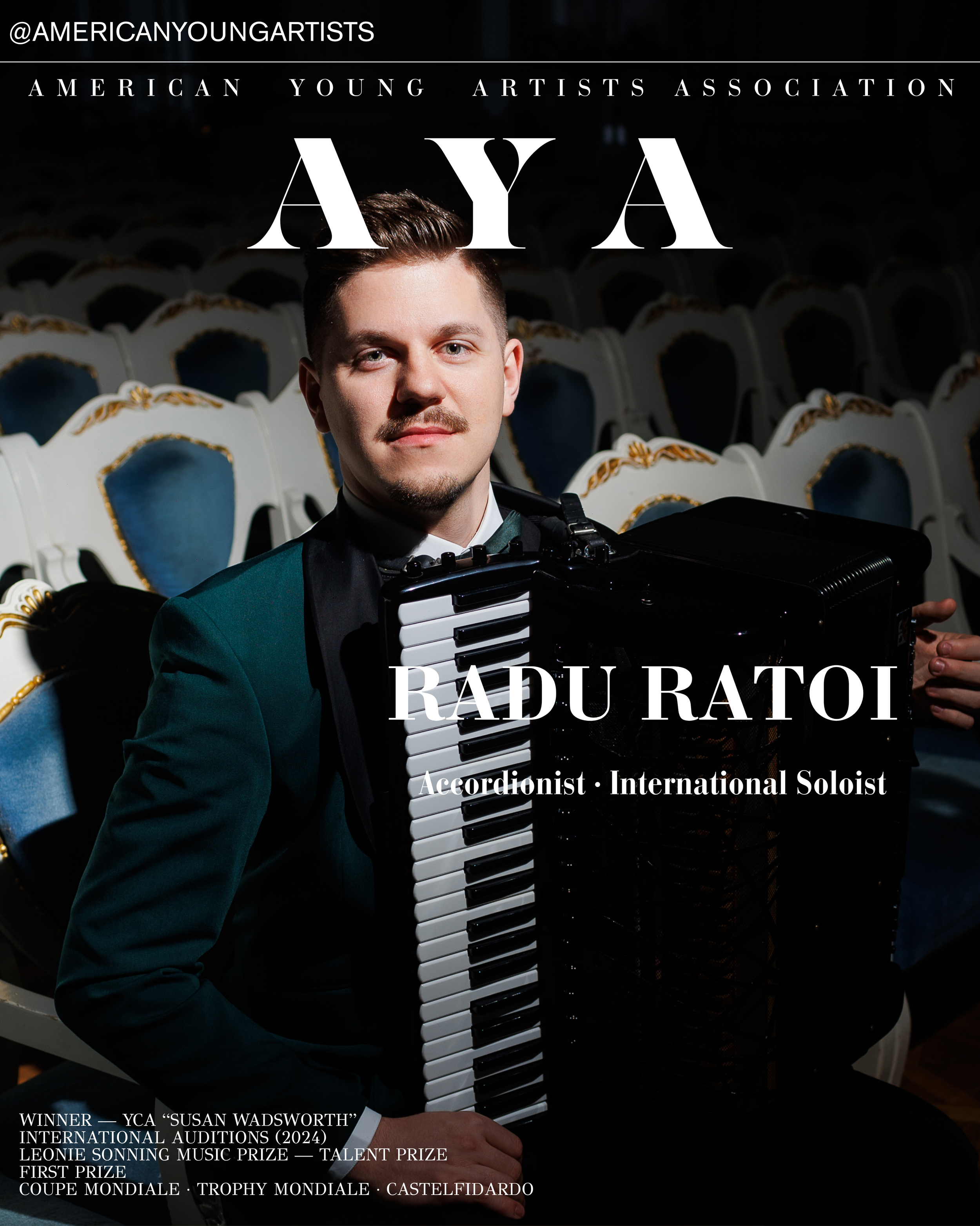 A promotional poster featuring Radu Ratoi, an accordionist and international soloist, sitting in an auditorium with blue and white chairs. The poster includes his name, titles, and achievements outlined in text.