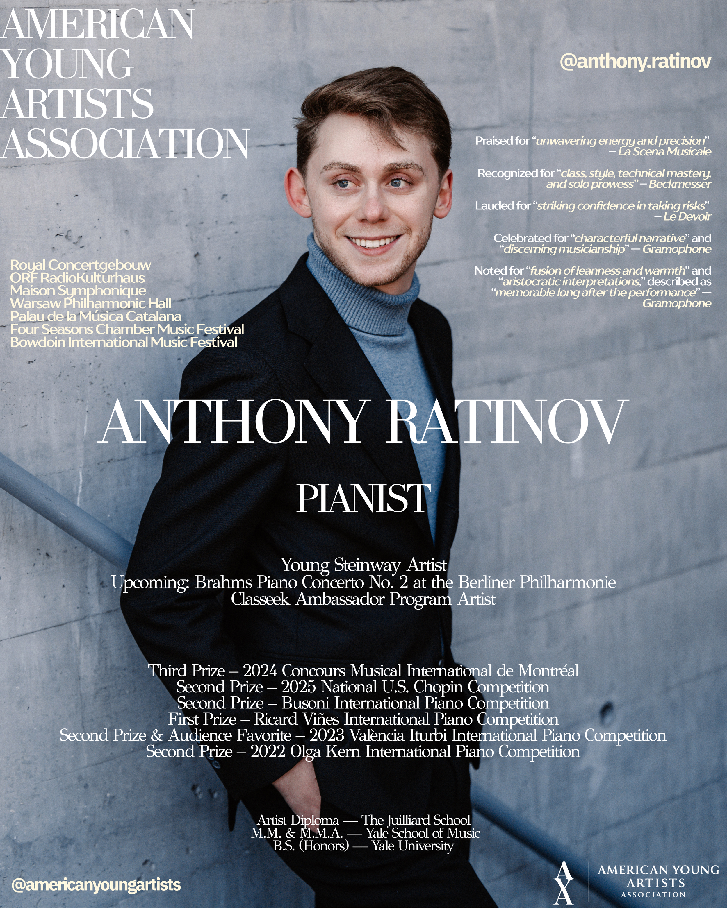 Promotional poster featuring a young man with brown hair, wearing a dark blazer and light blue turtleneck, smiling and standing against a gray concrete wall. Text highlights his achievements as a pianist, including upcoming performances and competiti