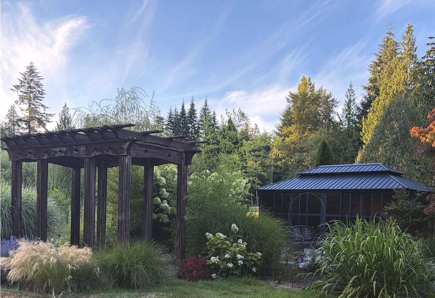 A garden scene with a black wooden pergola on the left and a black metal shed with a sloped roof on the right, surrounded by lush green plants and trees under a partly cloudy blue sky.
