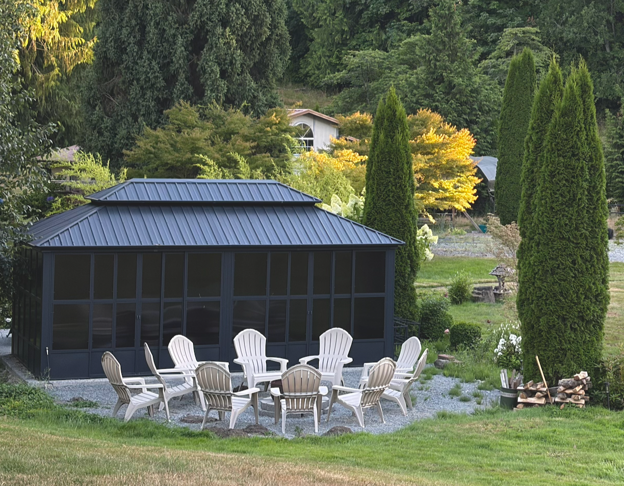 Outdoor scene with a black screened gazebo, white Adirondack chairs arranged in a circle around a low table, surrounded by greenery including tall trees and bushes, with a small stone firewood pile on the right.