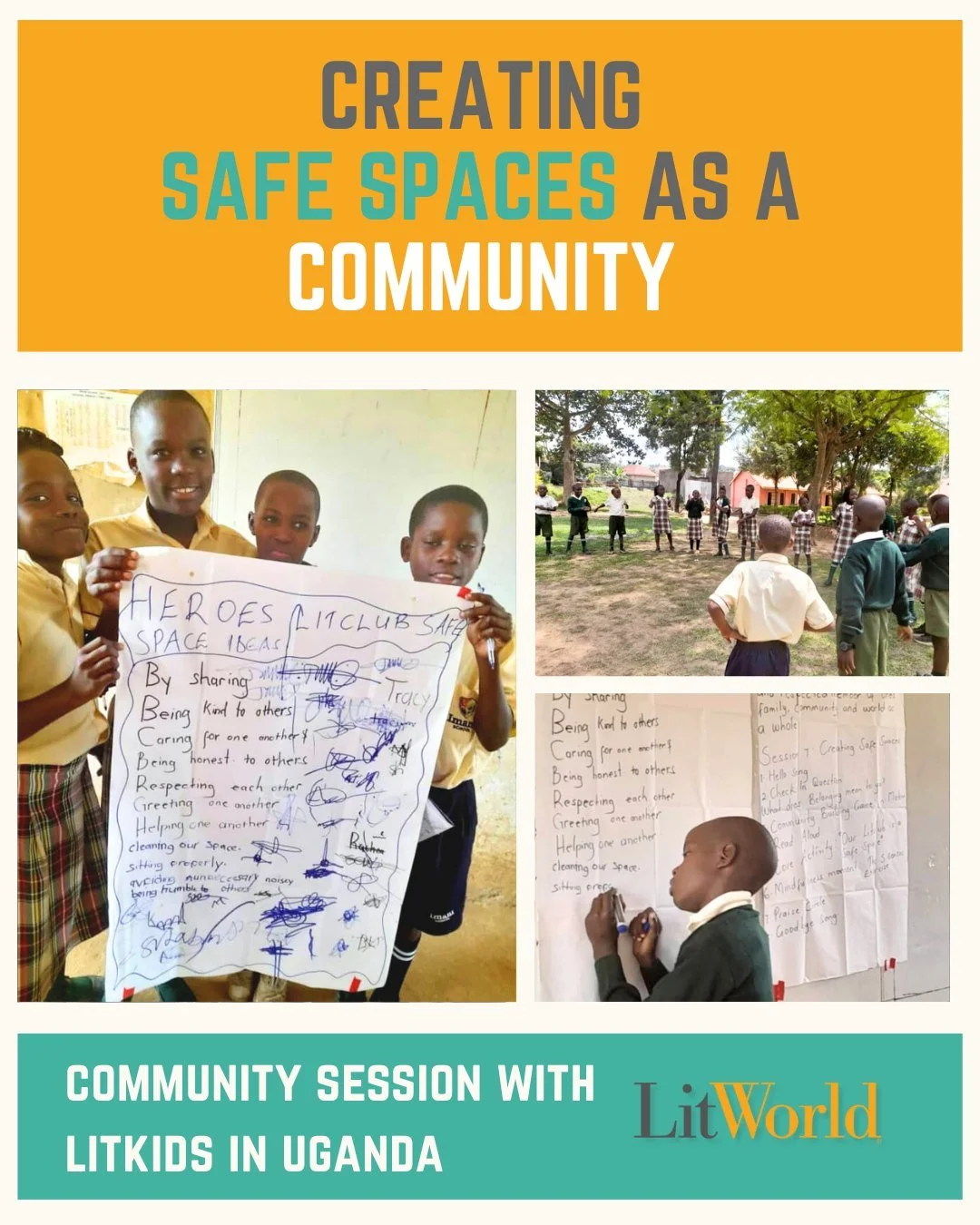 At our LitClub in Uganda, LitKids came together as a community to ask the question, what makes a safe space? Their answers: sharing, being kind, and being honest, came as no surprise. Our LitClubs help children think critically and take agency in for