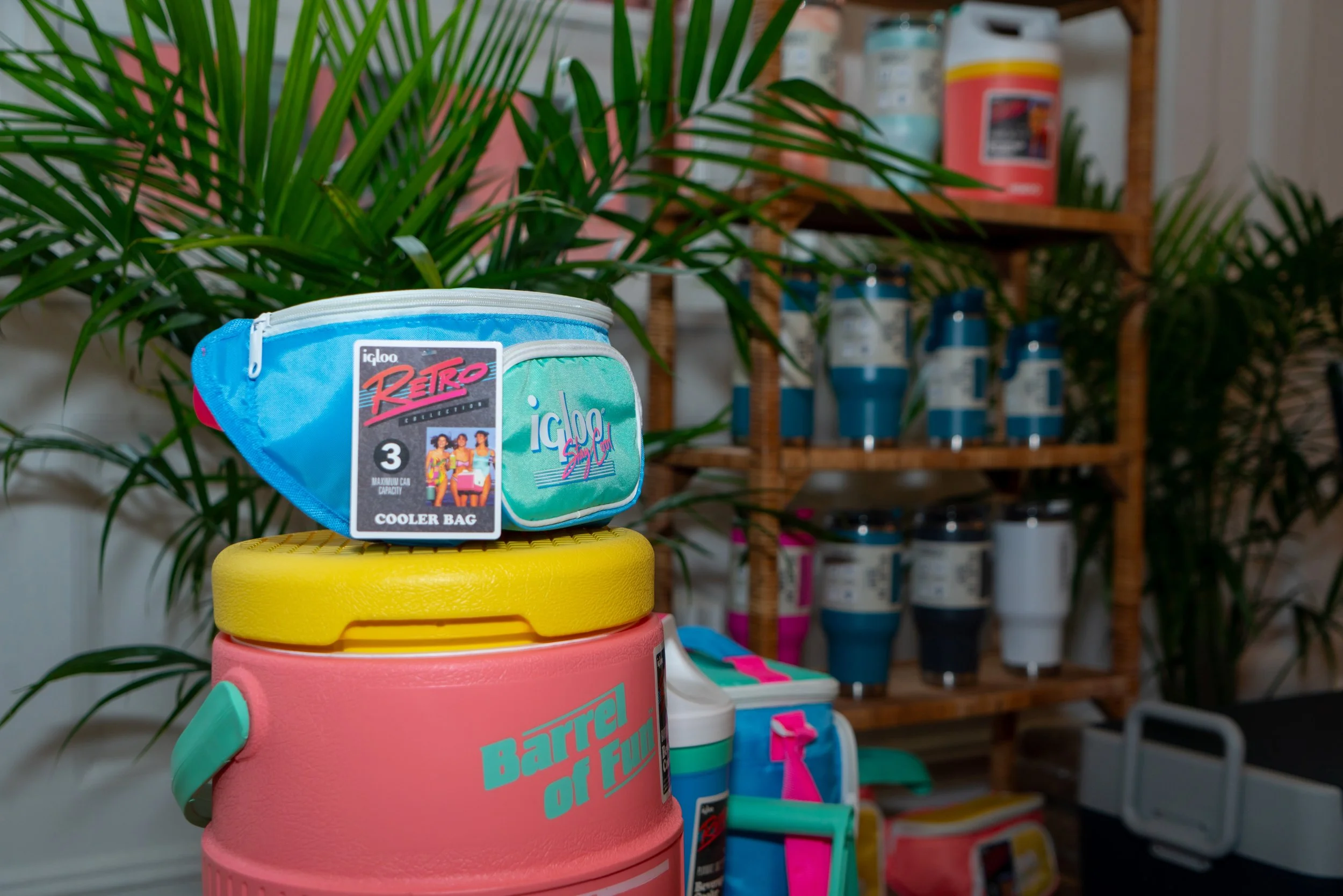 Colorful insulated cooler with a blue and green bag on top, labeled 'igloo Retro Cooler Bag' and showing a capacity of 3 cans, placed on a pink container labeled 'Barrel of Fun,' with a background of wooden shelves stocked with various paint cans and
