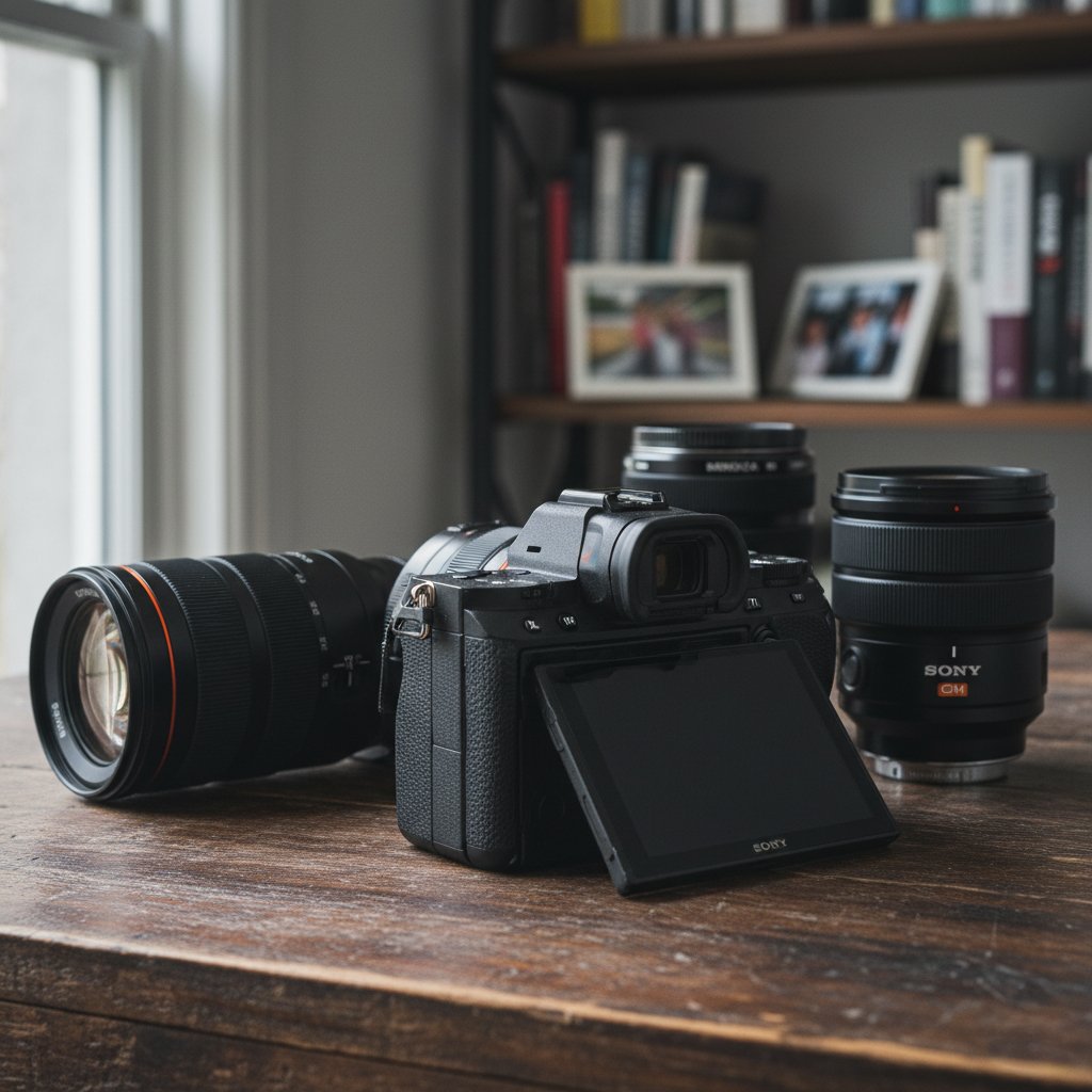 A scenic landscape featuring a large lake with turquoise water, surrounded by rolling grassy hills and rugged mountains in the background under a cloudy sky.