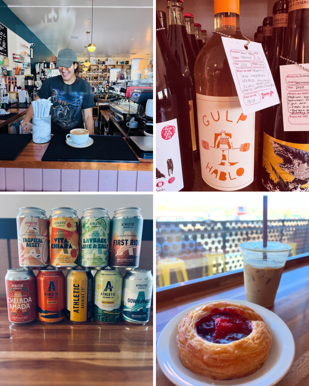 4 photos: 1. A smiling barista in a green hat serves a hot latte in a white mug and saucer. 2. A liter bottle of orange wine called Gulp Hablo. 3. 9 stacked nonalcoholic beer cans by Athletic Brewing. 4. A cherry danish and iced latte.