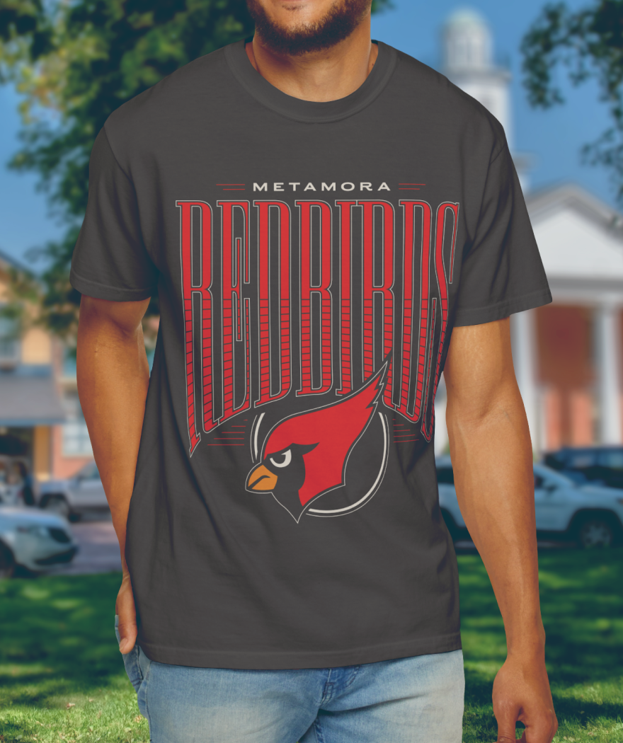 A man wearing a black T-shirt with the Arizona Diamondbacks logo and the word "REDBACKS" printed on it in large, bold red and black letters, standing outdoors with trees, houses, and cars in the background.