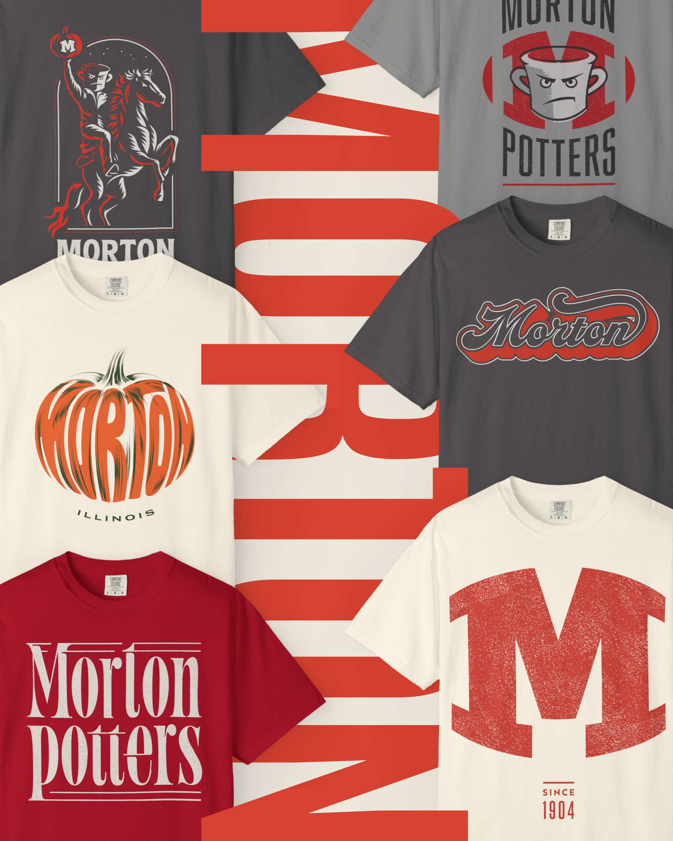 Collection of T-shirts with Morton Potters and Morton logo designs, featuring pumpkins, a knight on horseback, and bold text in red, white, and gray colors.